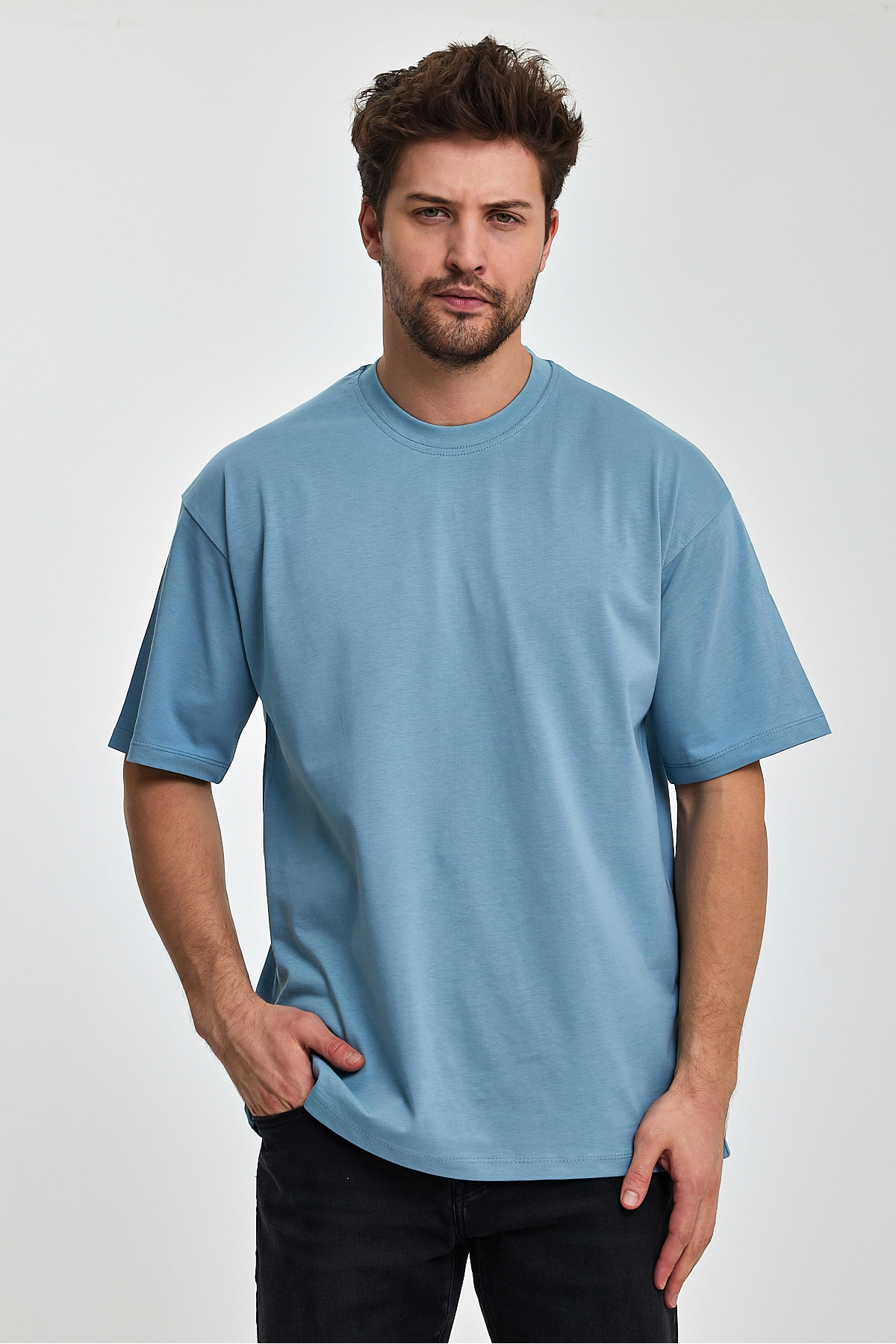 Erkek %100 Organik Pamuklu Kalın Dokulu Comfort Fit Bisiklet Yakalı MAVİ T-shirt 5