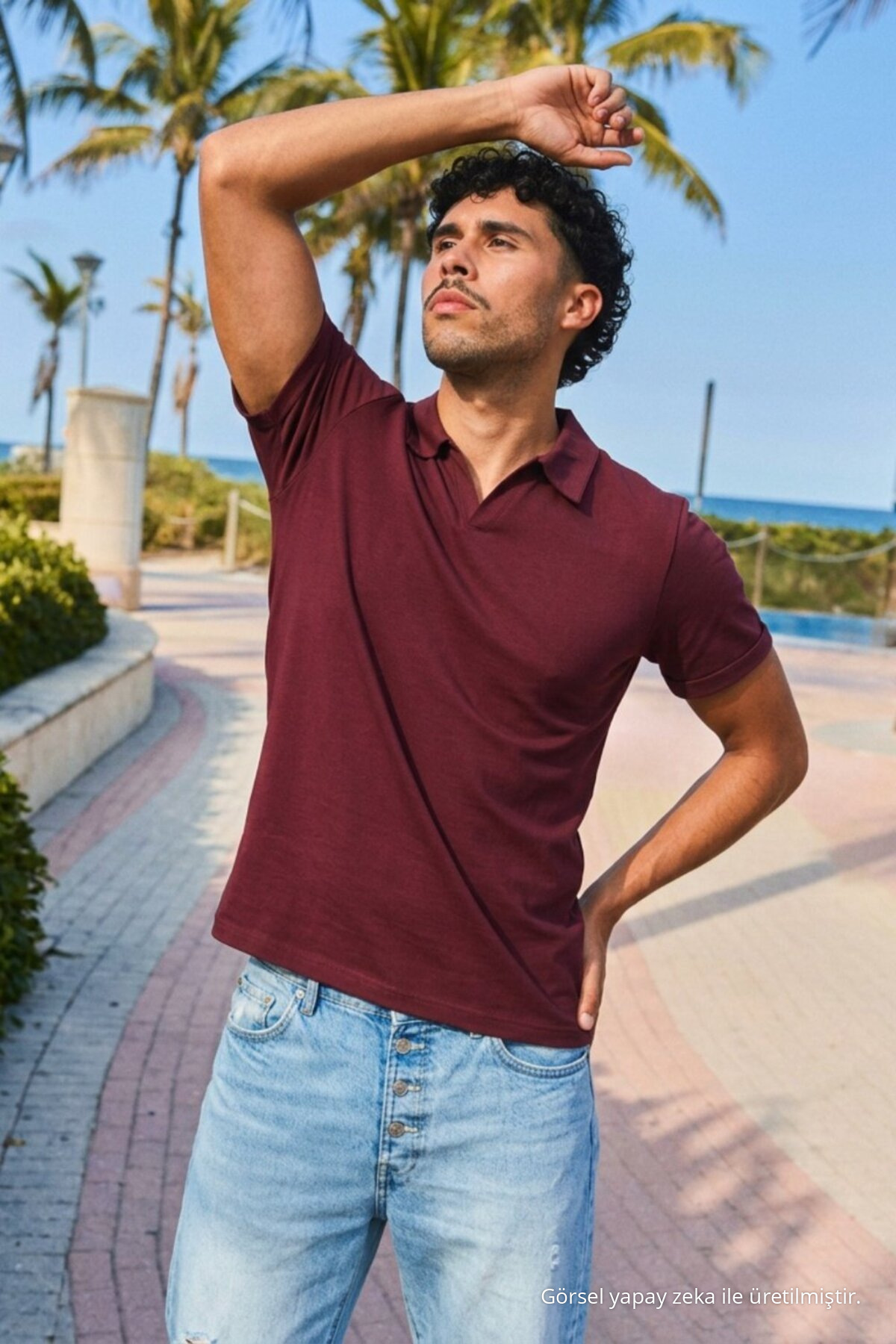 Erkek Trend Polo Yaka Günlük Bordo Tişört 5