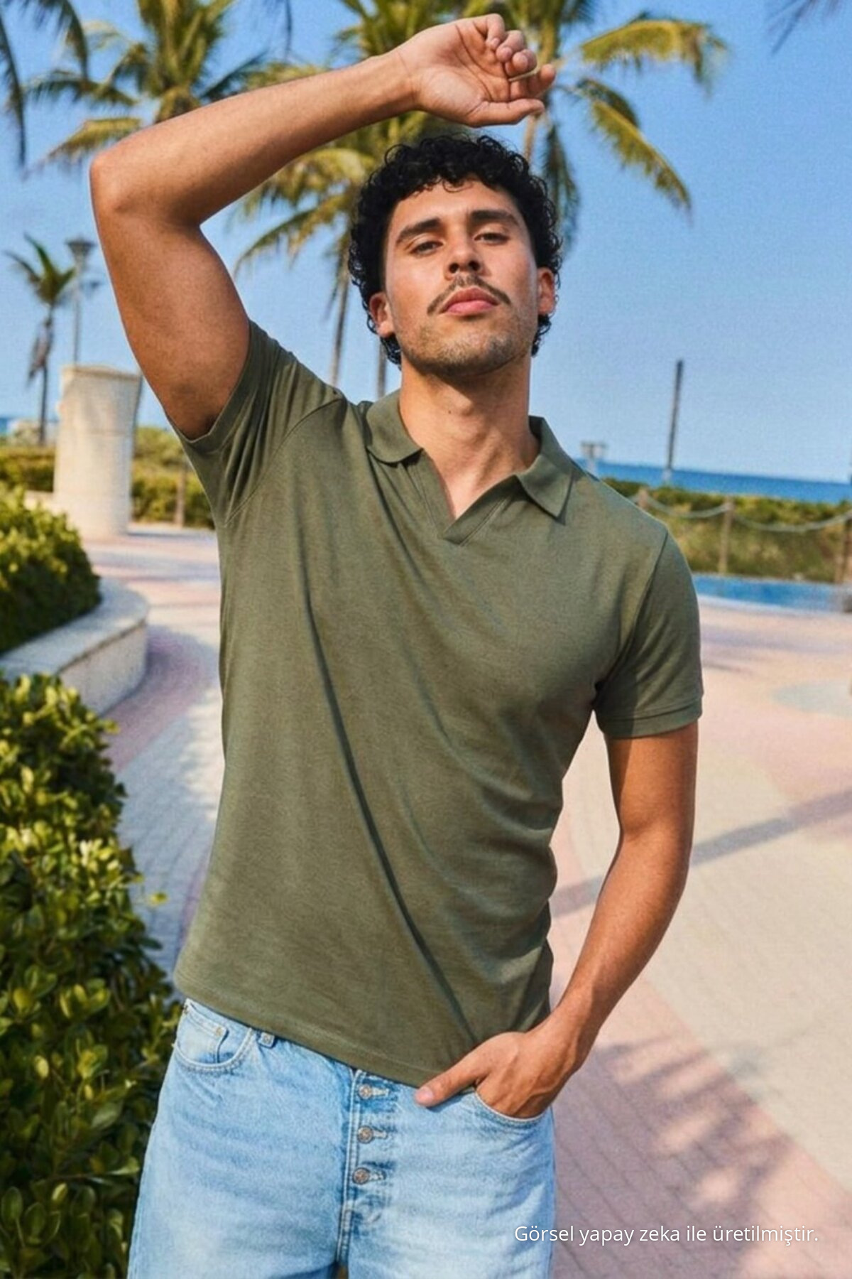 Erkek Trend Polo Yaka Günlük HAKİ Tişört 5