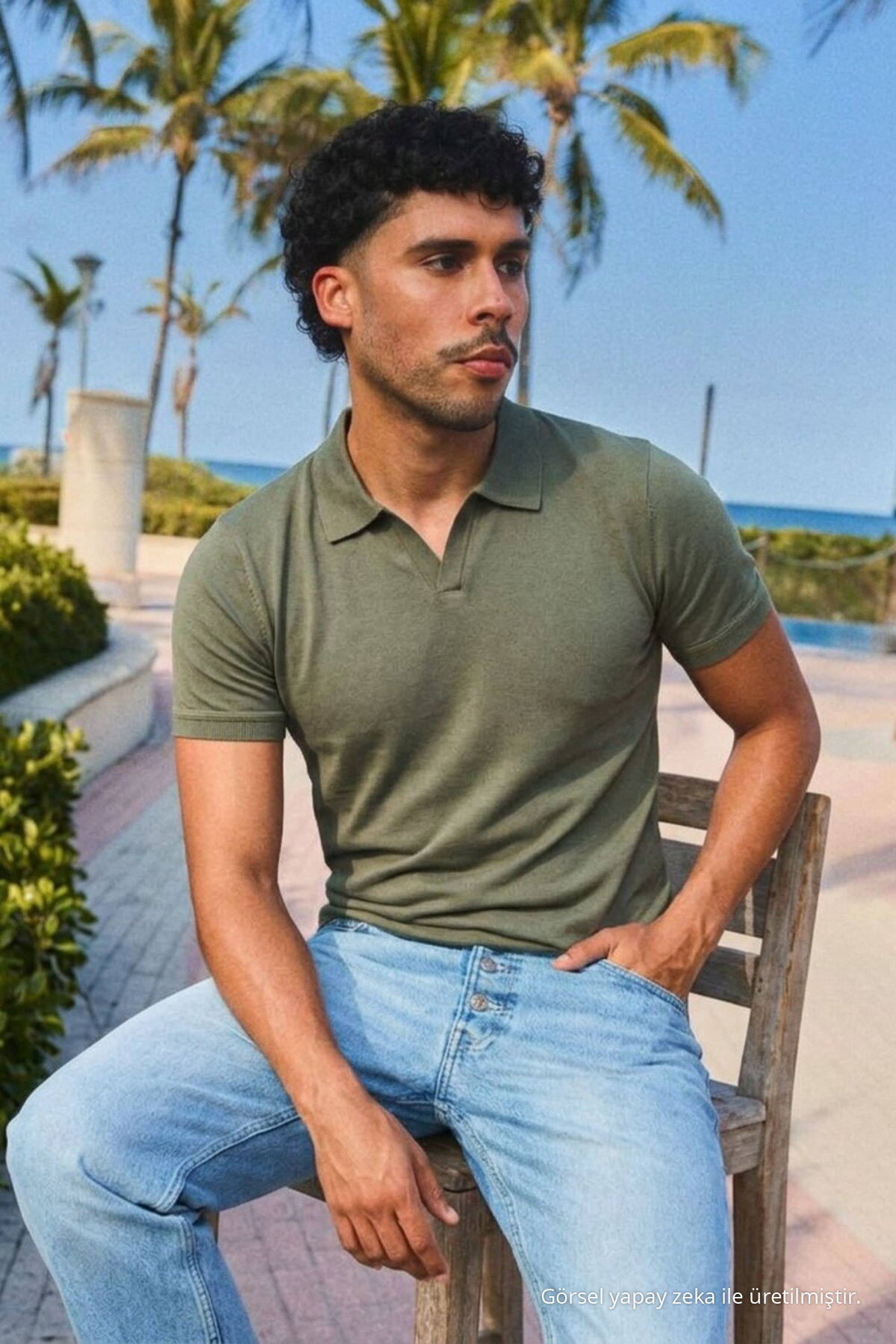 Erkek Trend Polo Yaka Günlük HAKİ Tişört 4