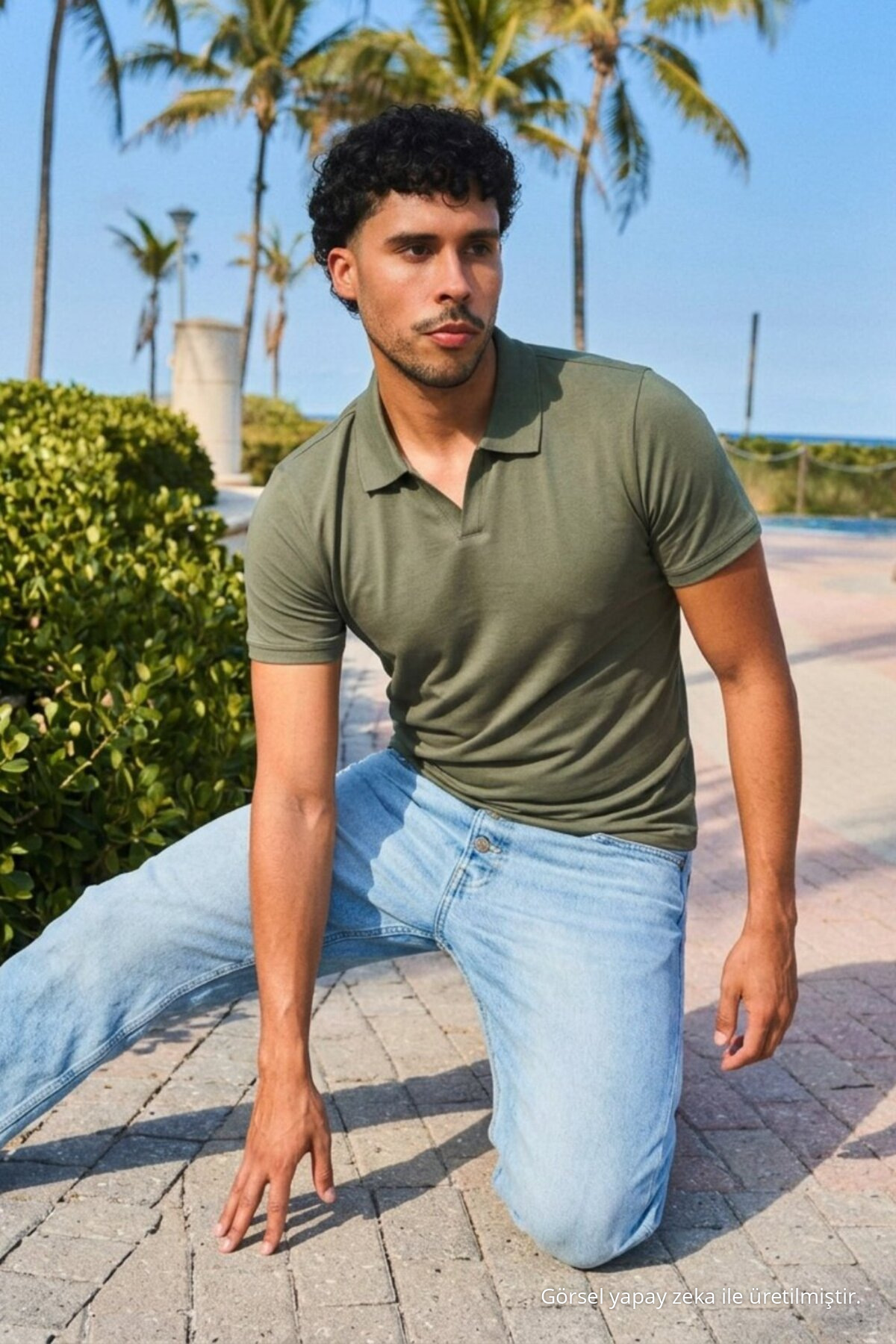 Erkek Trend Polo Yaka Günlük HAKİ Tişört 6