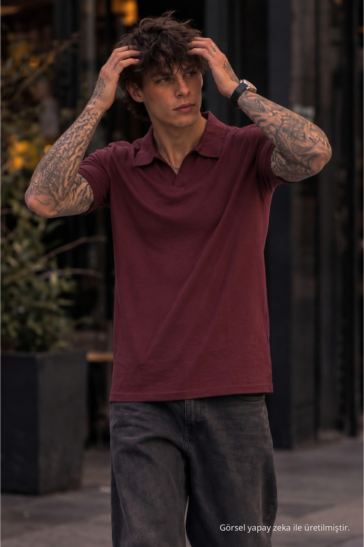 Erkek %100 Pamuk Bordo Polo Yaka T-shirt 3