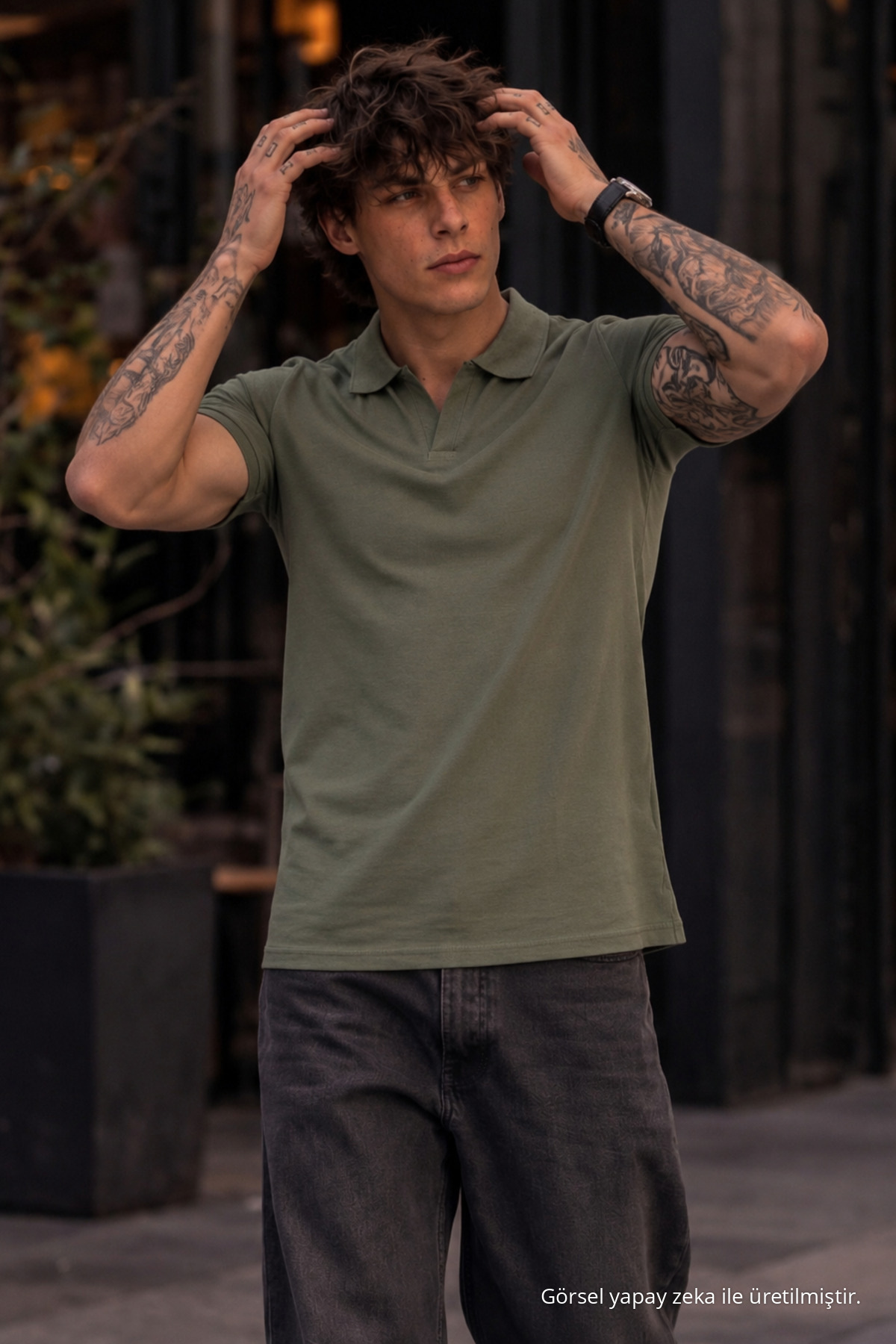 Erkek %100 Pamuk HAKİ Polo Yaka T-shirt 3