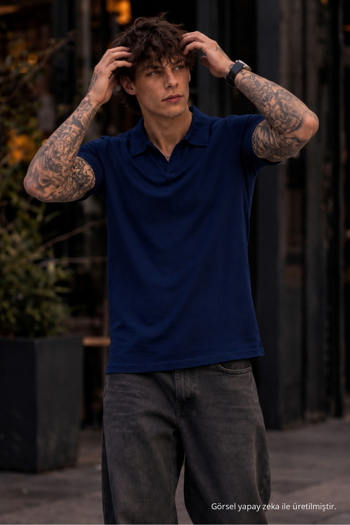 Erkek %100 Pamuk LACİVERT Polo Yaka T-shirt 3