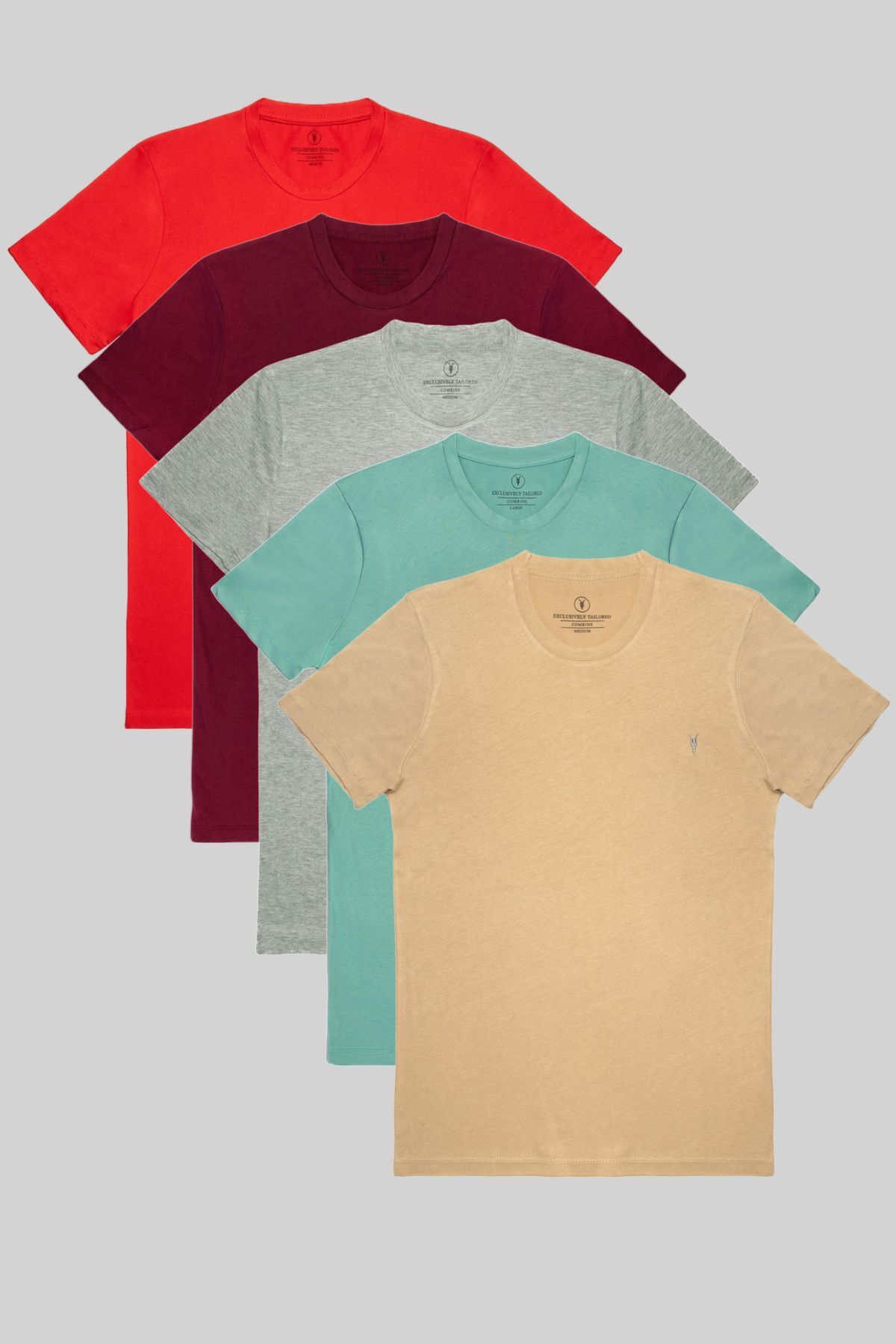 Erkek Bisiklet Yaka Regular Fit Basic 5li T-shirt Bej-Cagla-Grimelanj-Bordo-Kirmizi