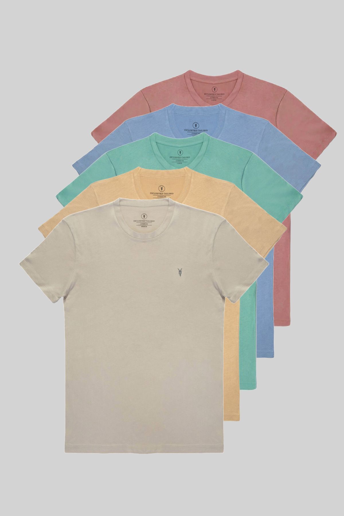 Erkek 5'li Bisiklet Yaka %100 Pamuk T-shirt pudra-buzmavi-cagla-bej-gri