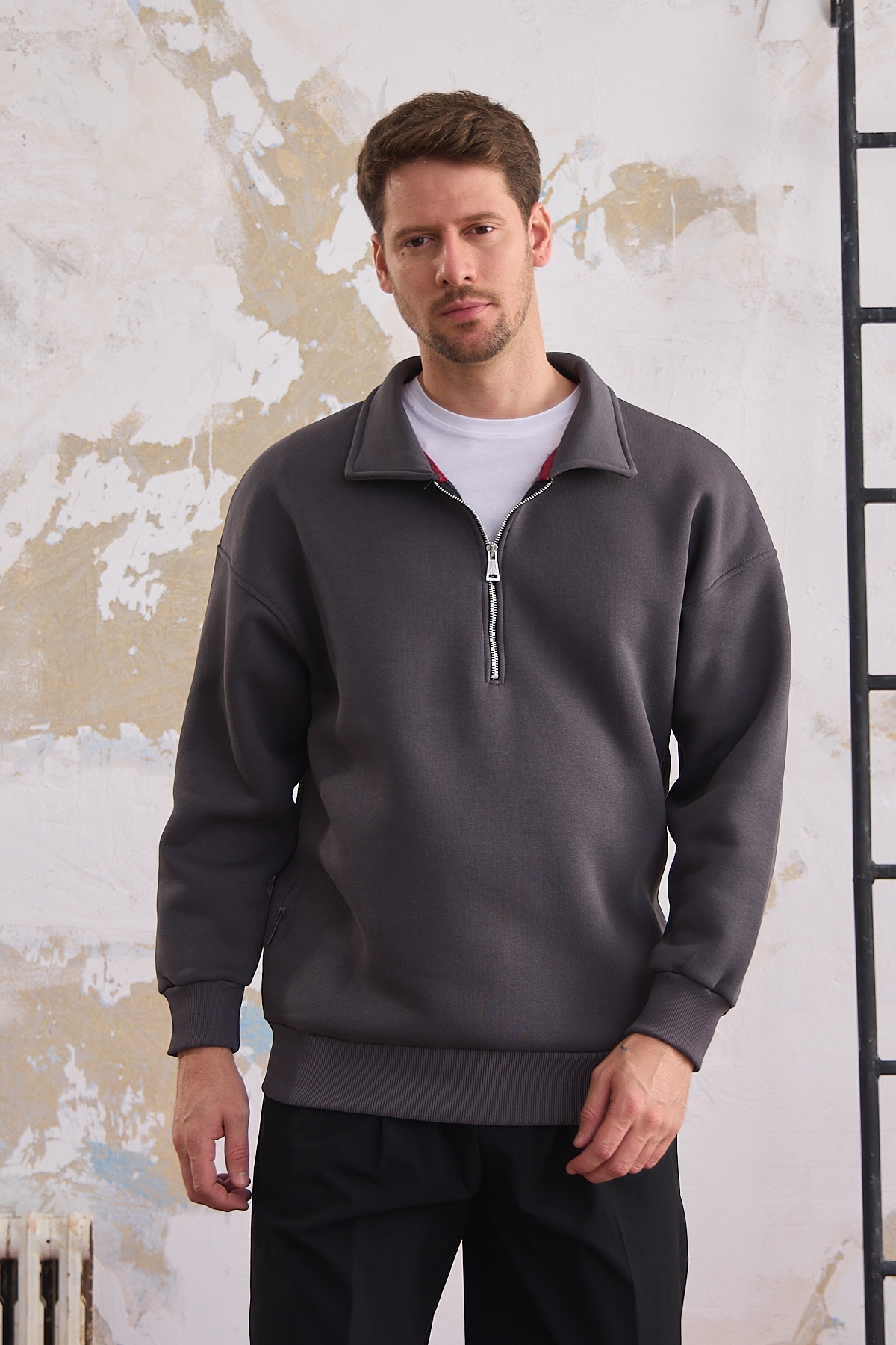 Erkek Yarım Fermuar Rahat Sweatshirt FÜME 3
