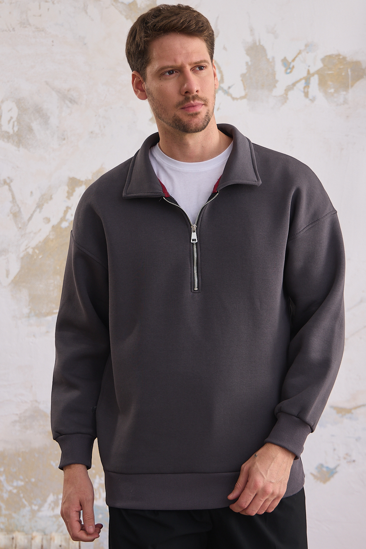 Erkek Yarım Fermuar Rahat Sweatshirt FÜME 7
