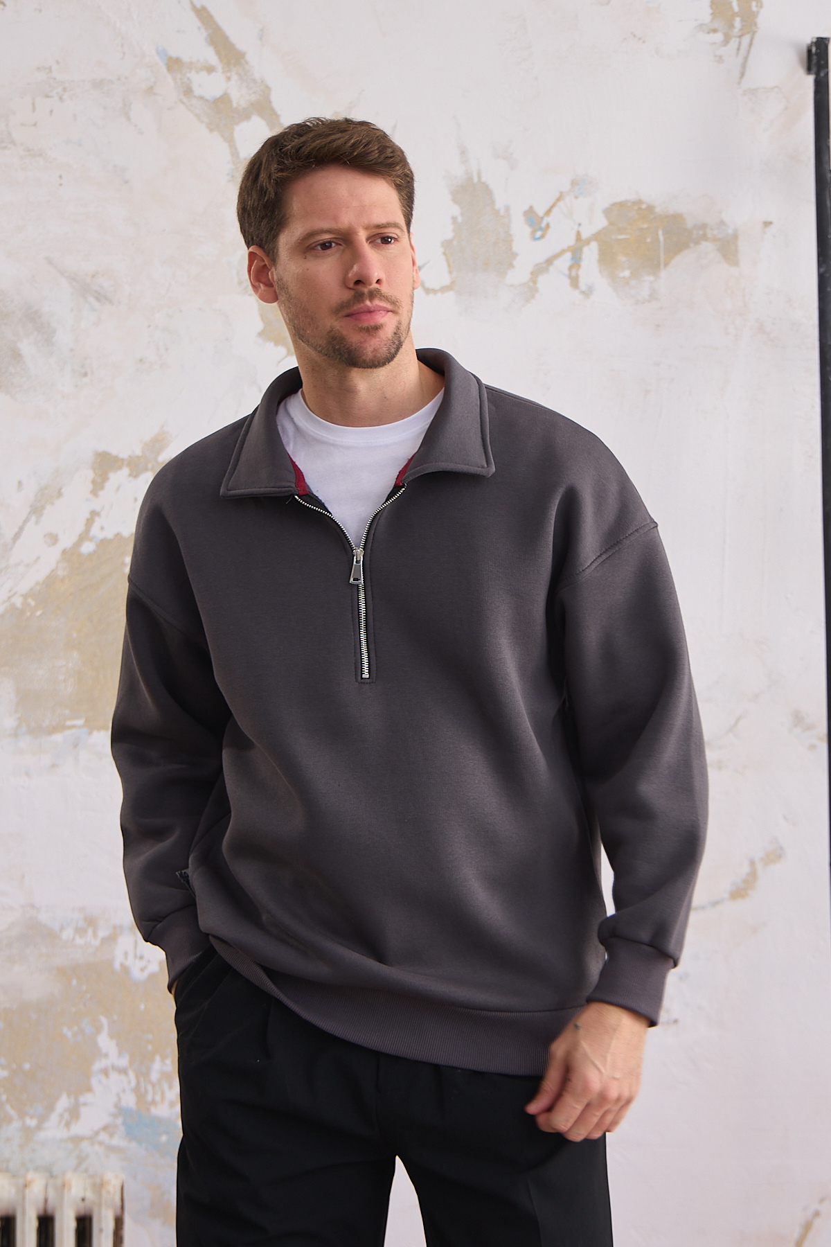 Erkek Yarım Fermuar Rahat Sweatshirt FÜME 5