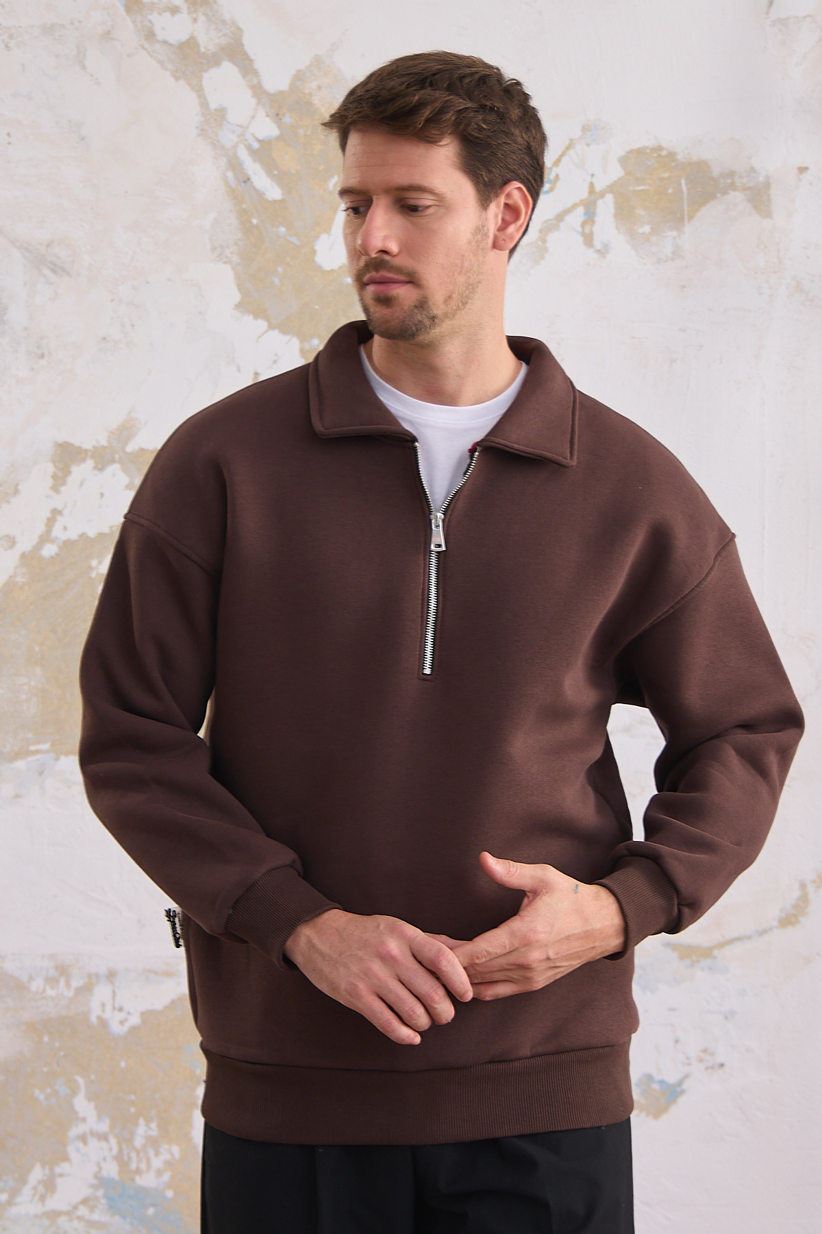 Erkek Yarım Fermuar Rahat Sweatshirt KAHVERENGİ 8
