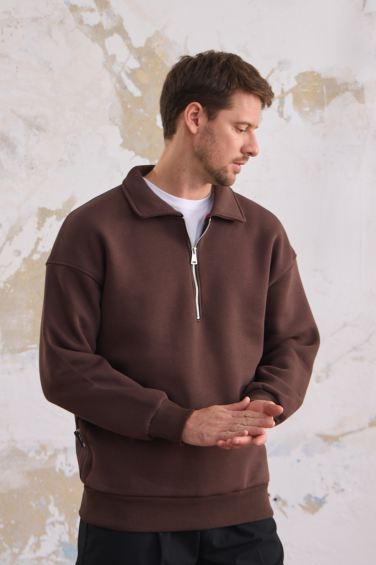 Erkek Yarım Fermuar Rahat Sweatshirt KAHVERENGİ 6