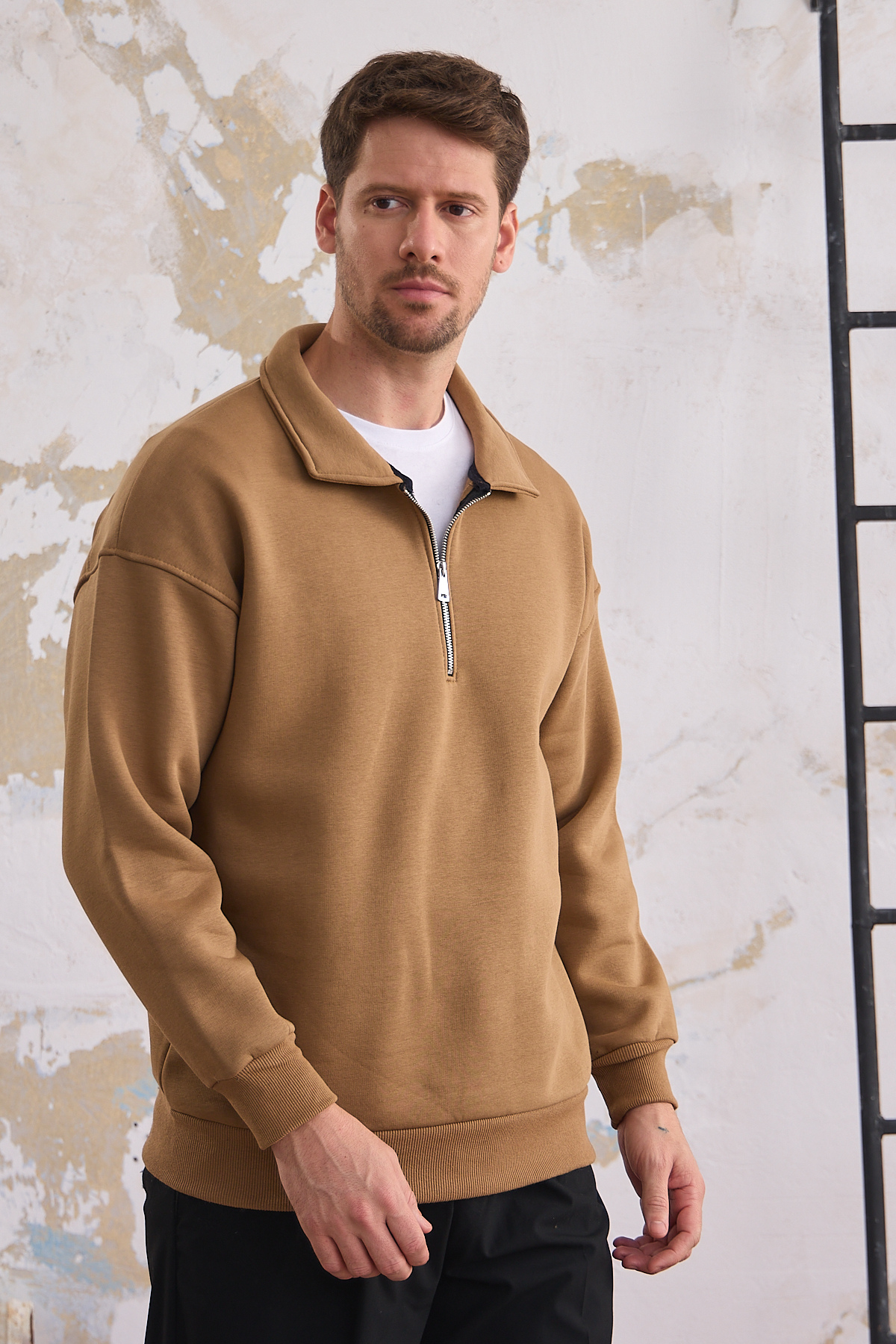 Erkek Yarım Fermuar Rahat Sweatshirt KARAMEL 8