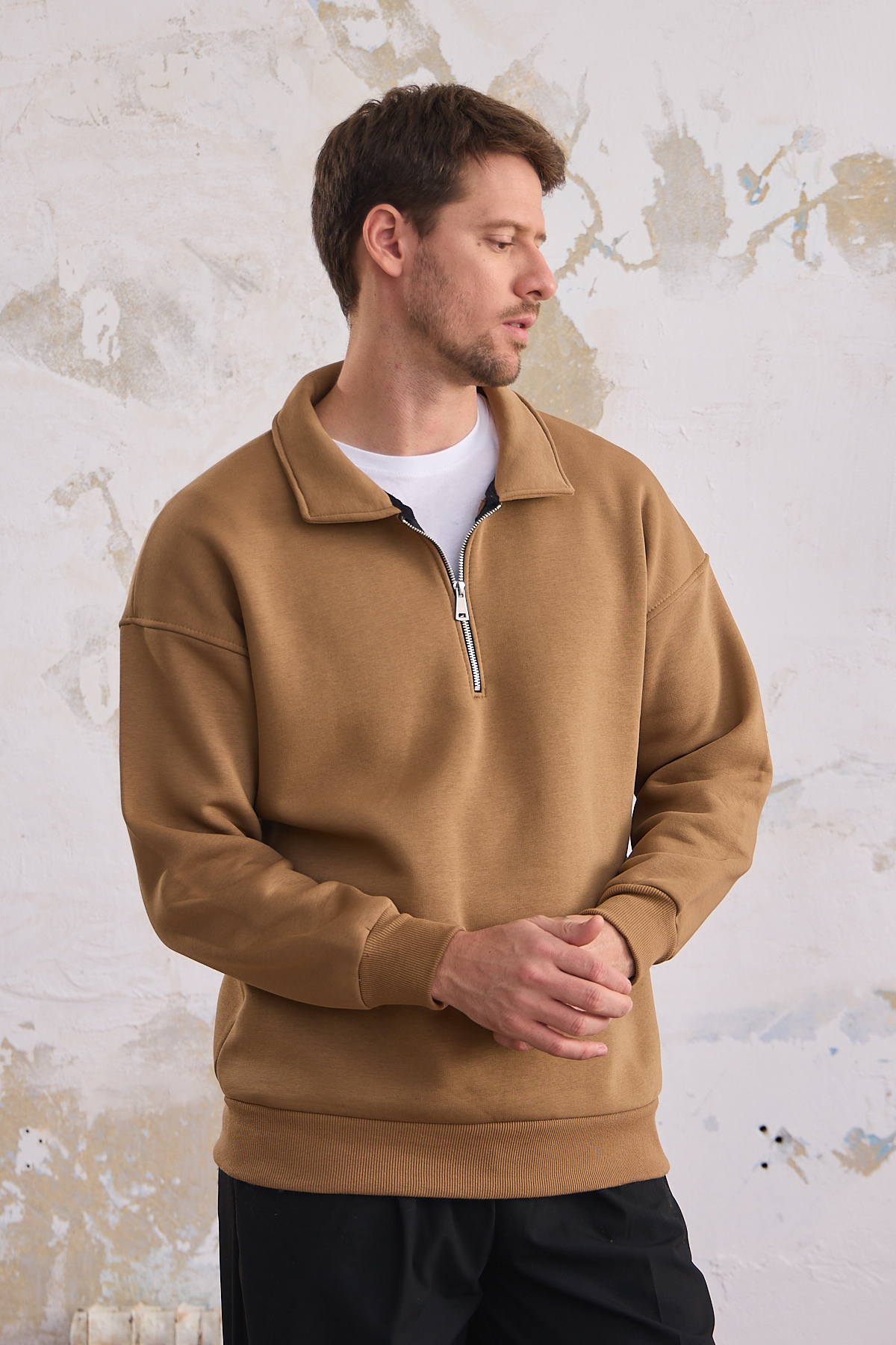 Erkek Yarım Fermuar Rahat Sweatshirt KARAMEL 7