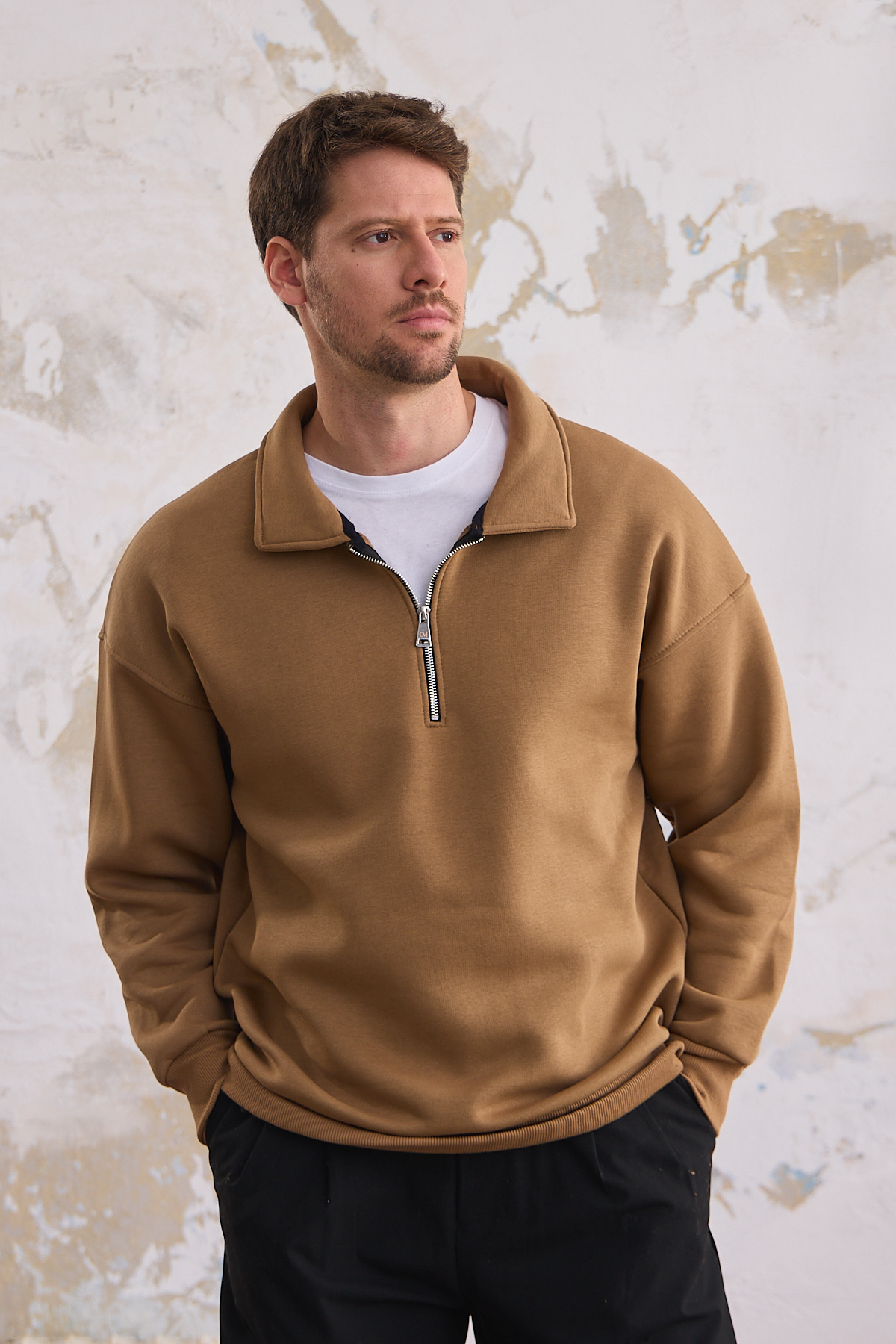 Erkek Yarım Fermuar Rahat Sweatshirt KARAMEL 4