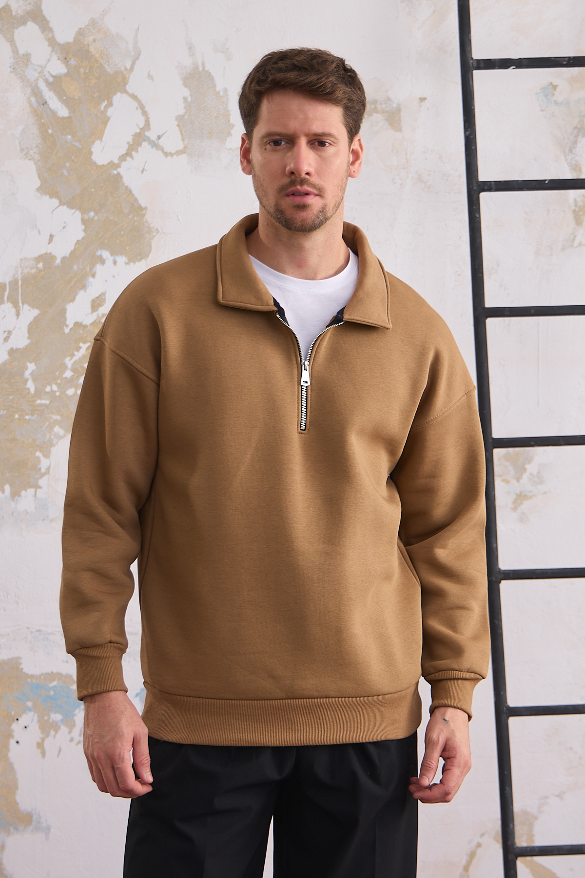 Erkek Yarım Fermuar Rahat Sweatshirt KARAMEL 5