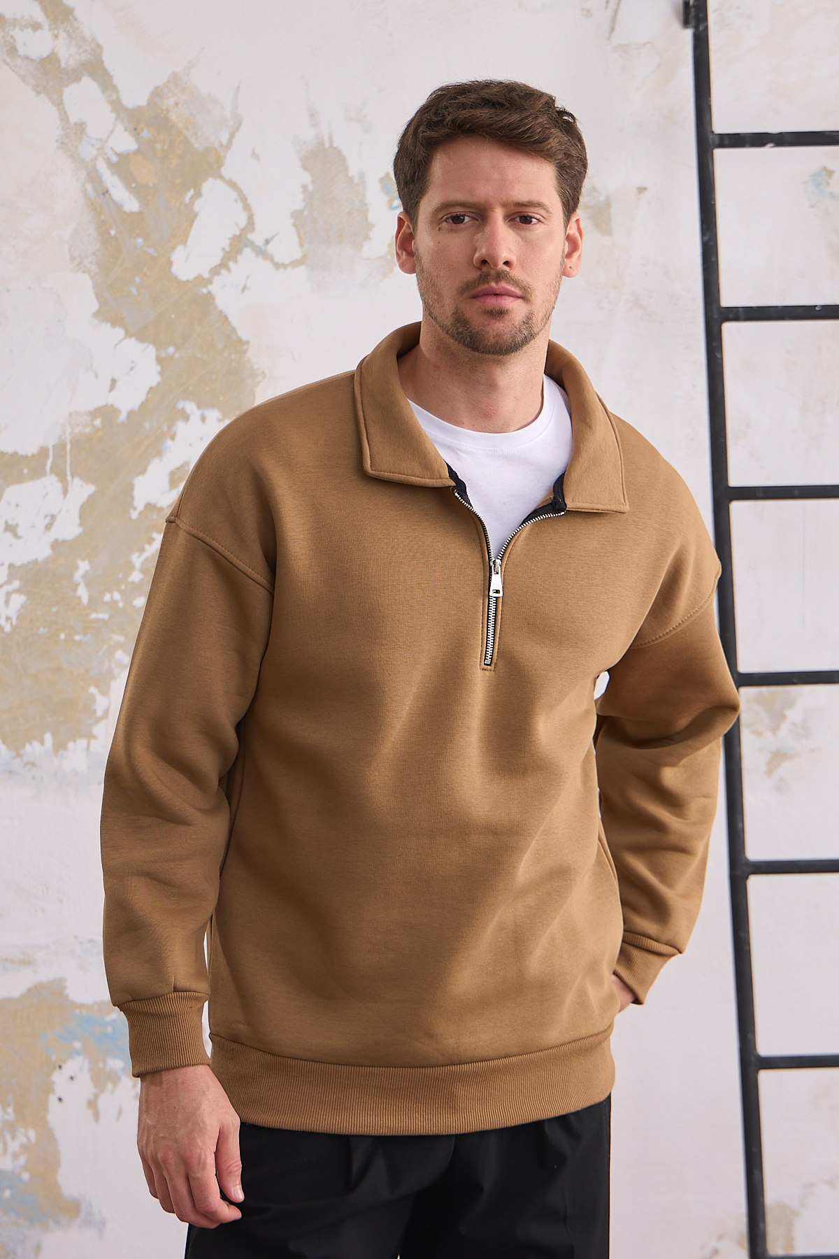 Erkek Yarım Fermuar Rahat Sweatshirt KARAMEL 3