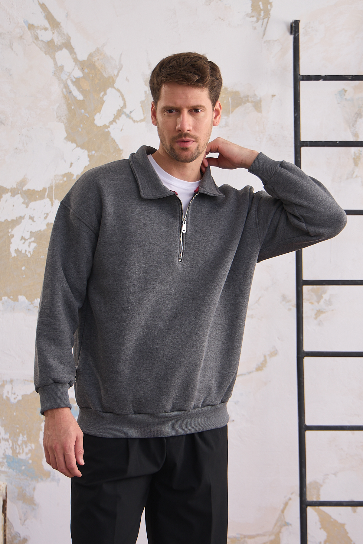 Erkek Yarım Fermuar Rahat Sweatshirt KIRÇILLI FÜME 7