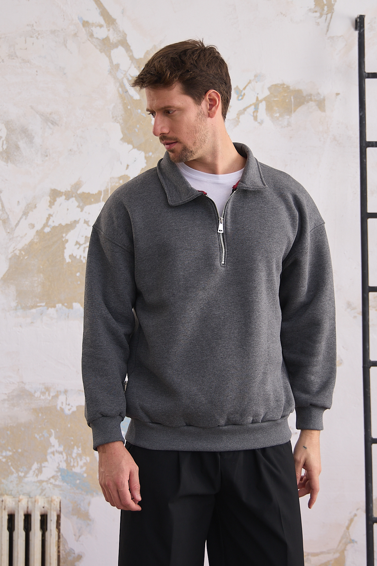 Erkek Yarım Fermuar Rahat Sweatshirt KIRÇILLI FÜME 8