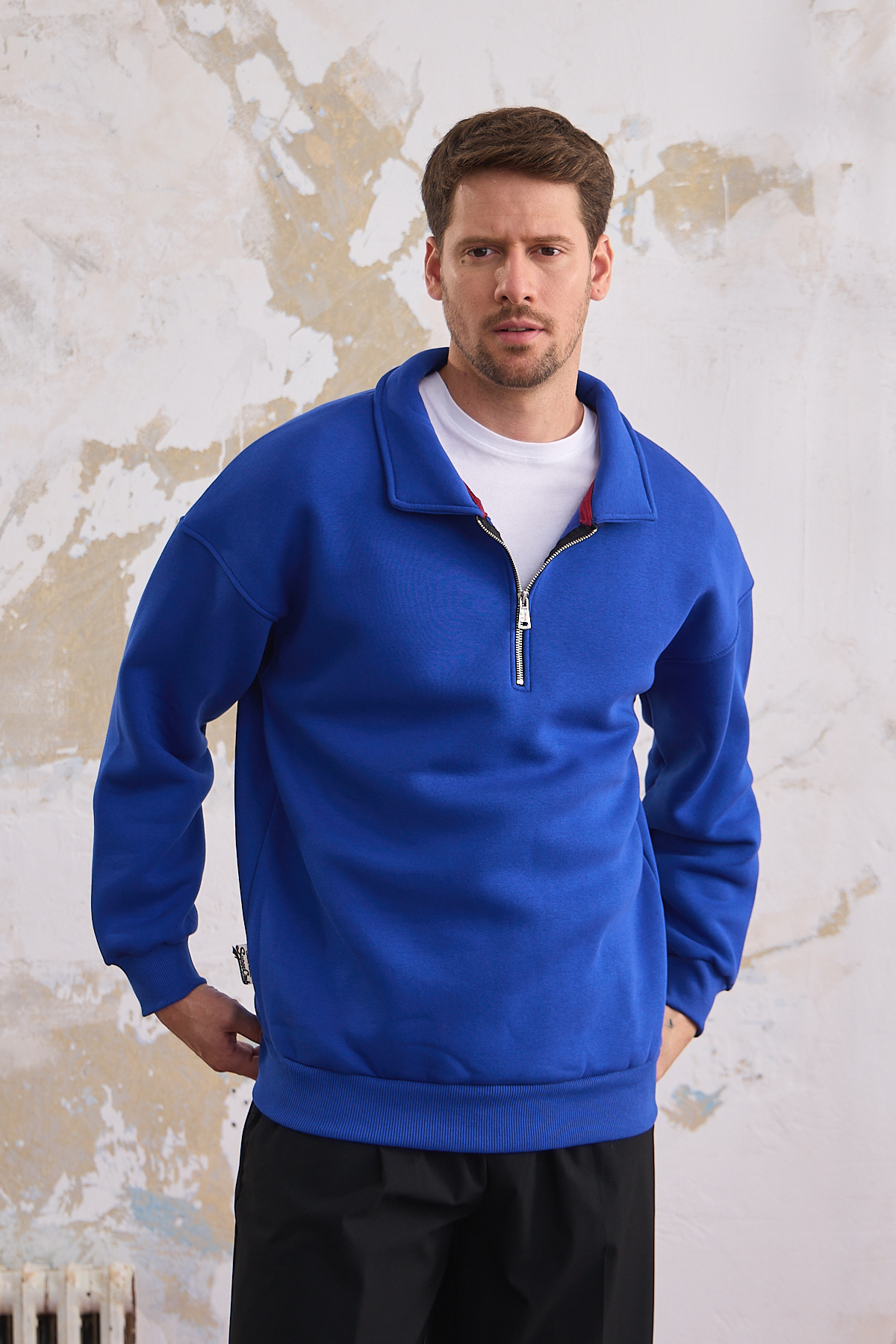 Erkek Yarım Fermuar Rahat Sweatshirt SAKS MAVİ 6