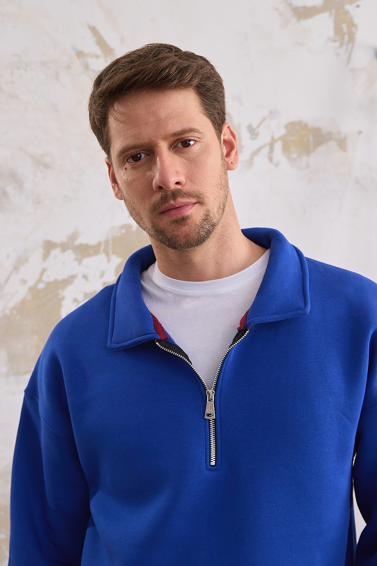 Erkek Yarım Fermuar Rahat Sweatshirt SAKS MAVİ 8