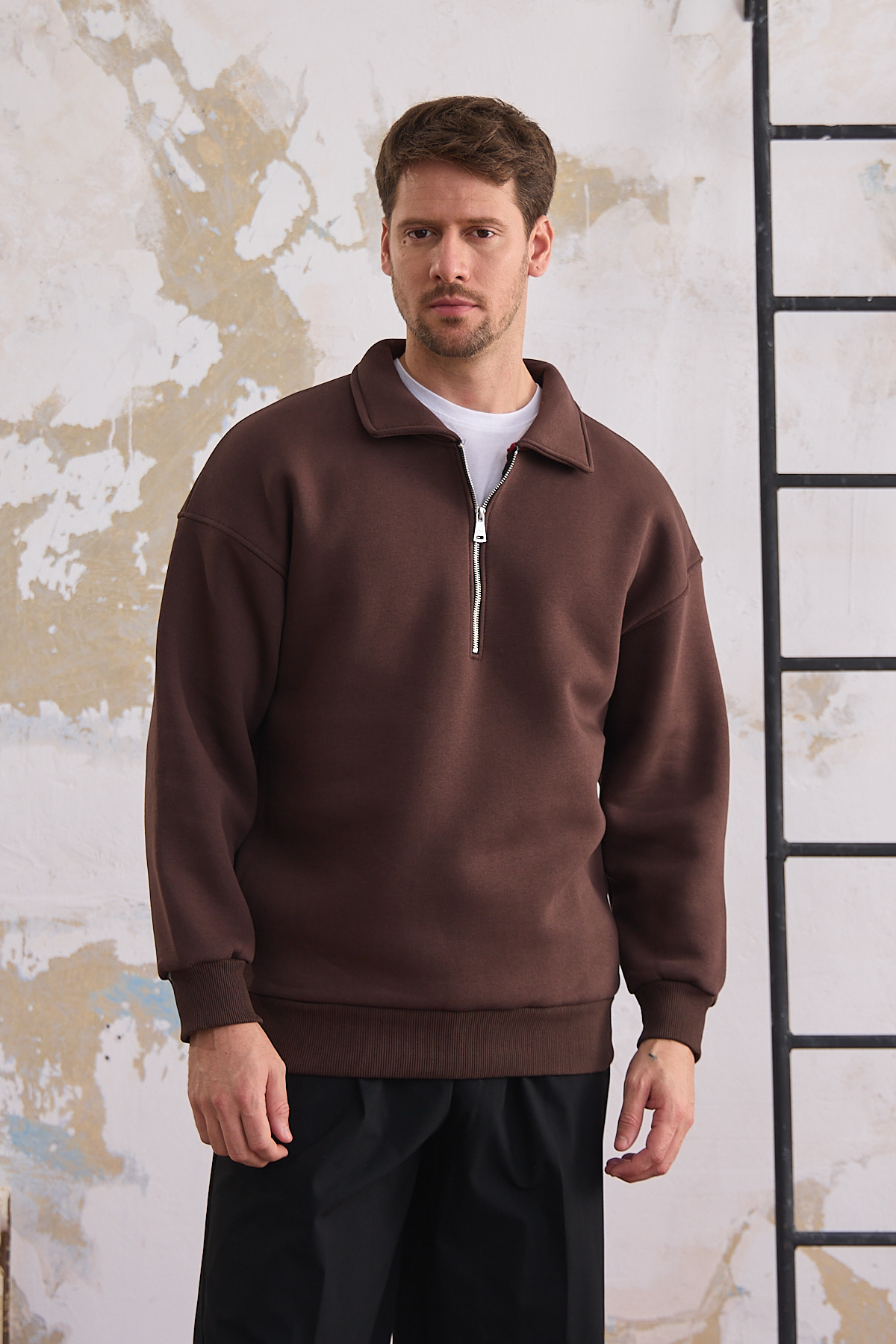 Erkek Yarım Fermuar Rahat Sweatshirt KAHVERENGİ