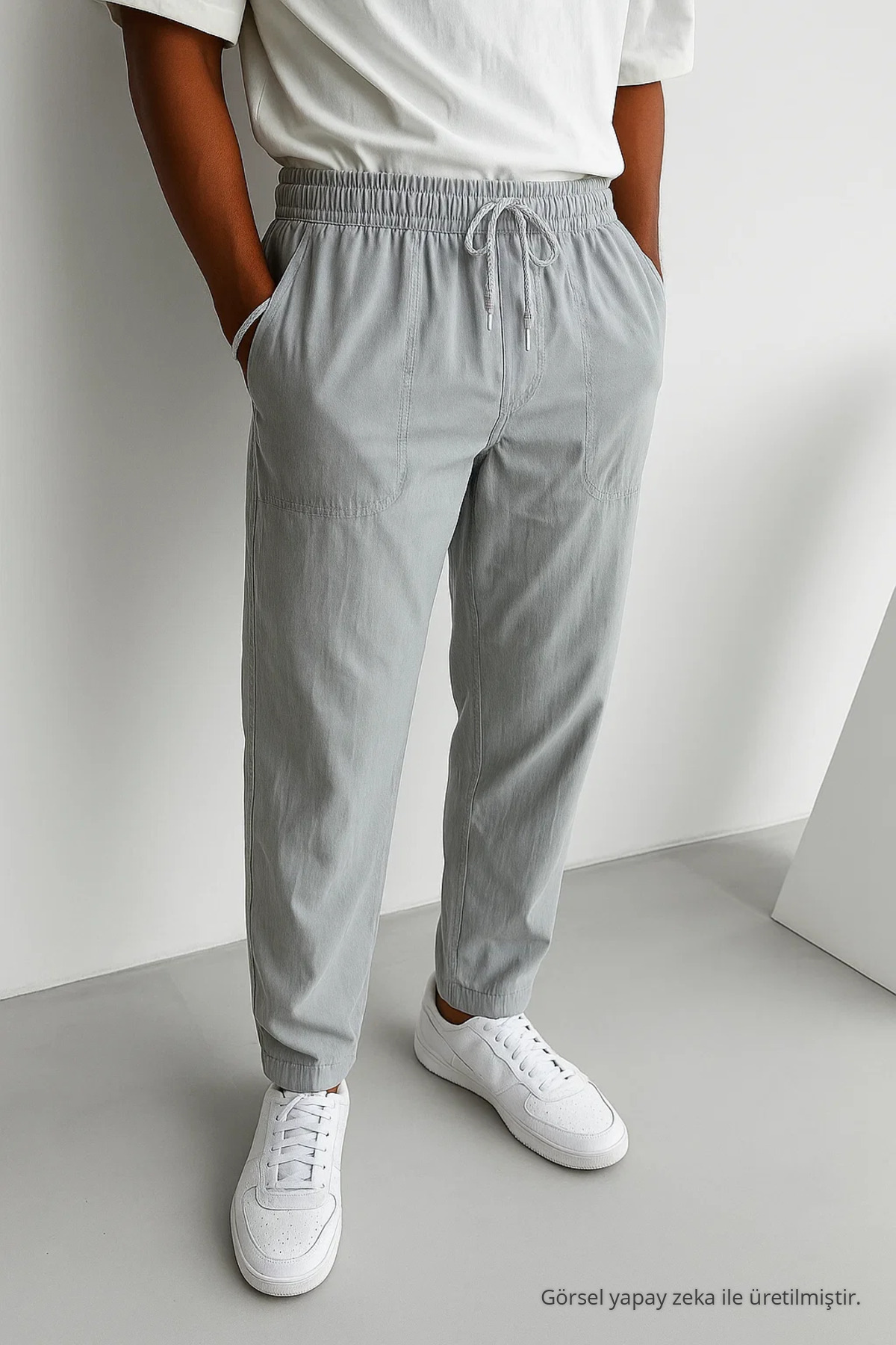 Erkek Beli Lastikli GRİ Bol Keten Pantolon 4