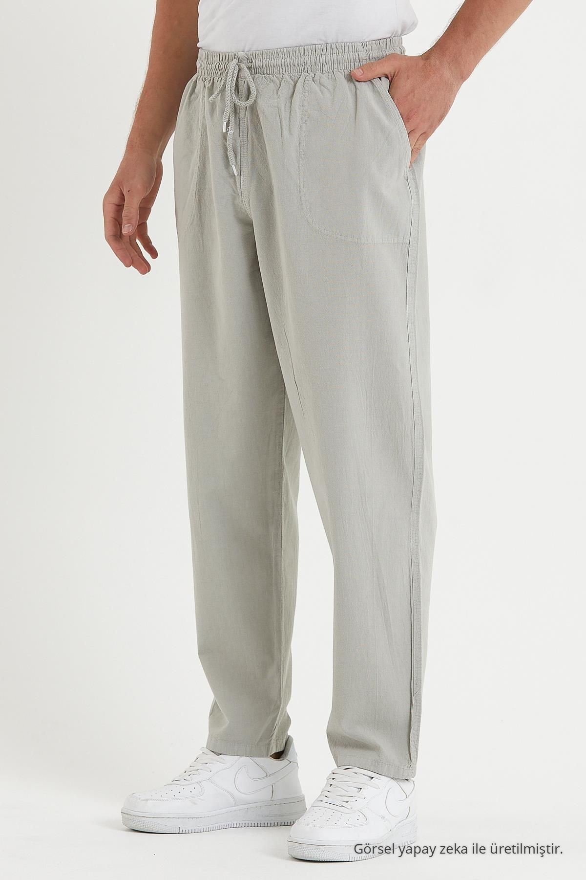 Erkek Beli Lastikli GRİ Bol Keten Pantolon 6