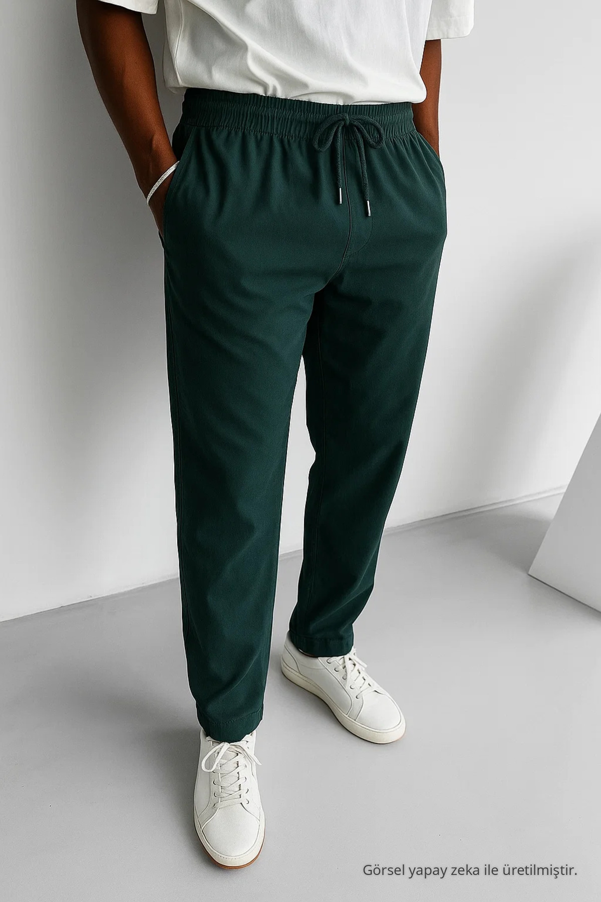 Erkek Beli Lastikli Haki Bol Keten Pantolon 4