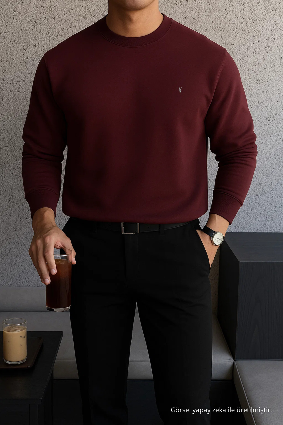 Erkek Kışlık Salaş Basic Bordo Sweatshirt 3