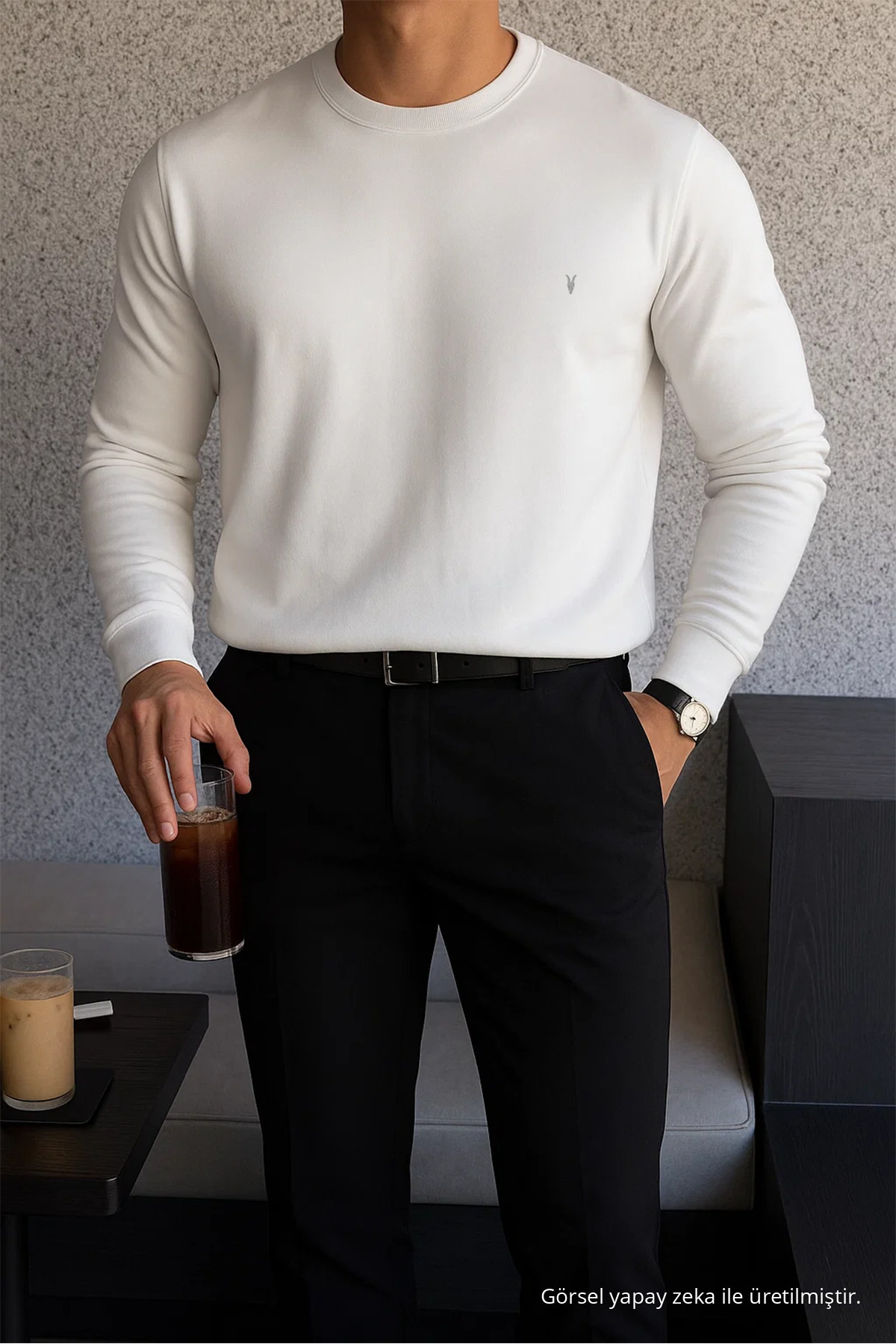 Erkek Kışlık Salaş Basic Ekru Sweatshirt 3