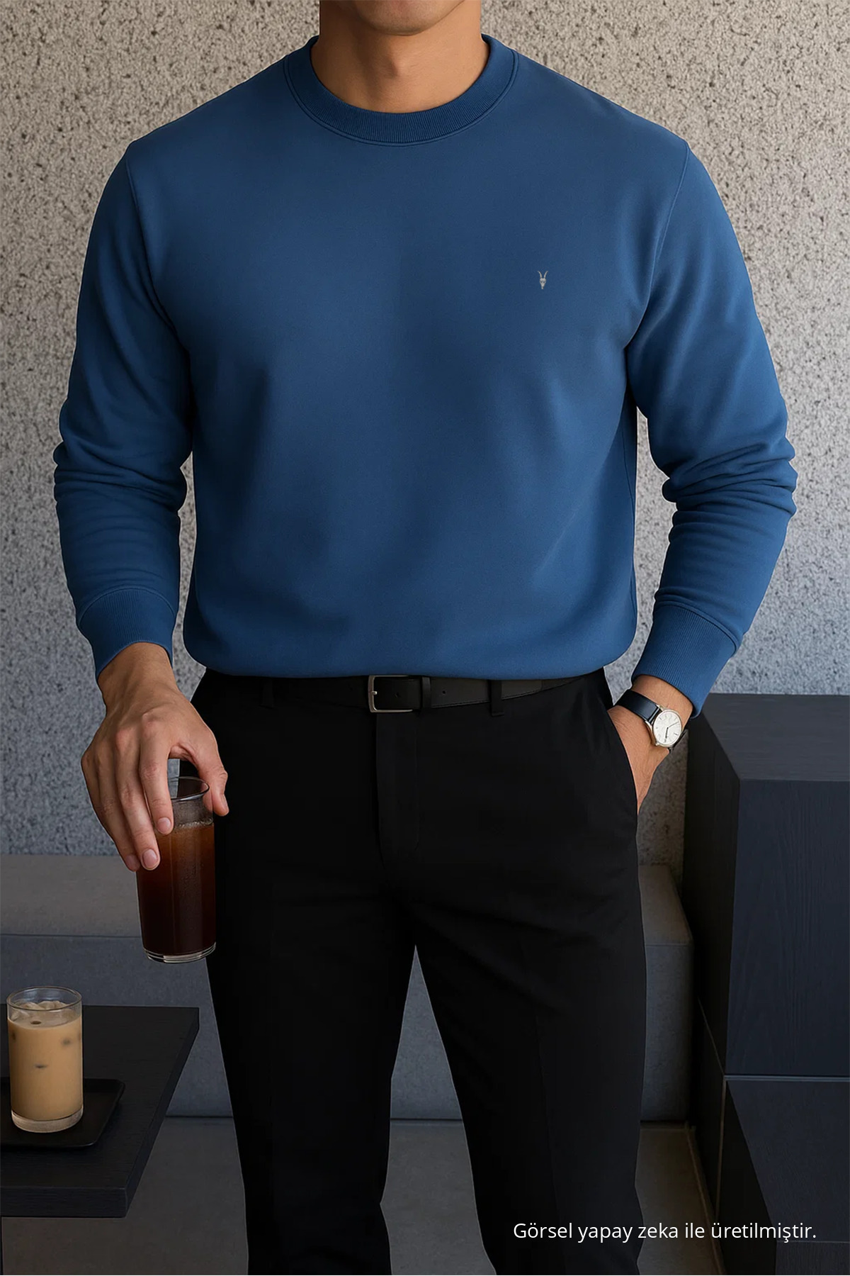 Erkek Kışlık Salaş Basic İndigo Sweatshirt 3