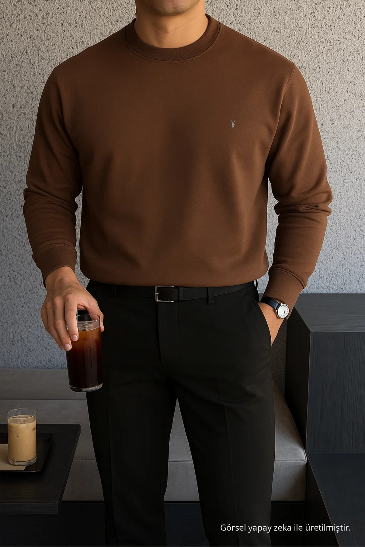 Erkek Kışlık Salaş Basic KAHVERENGİ Sweatshirt 3