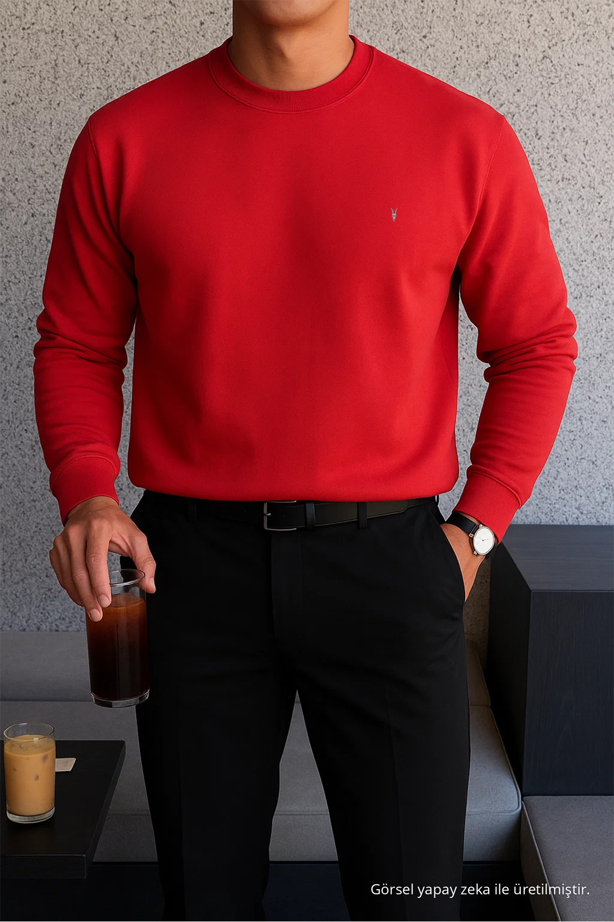 Erkek Kışlık Salaş Basic KIRMIZI Sweatshirt 3