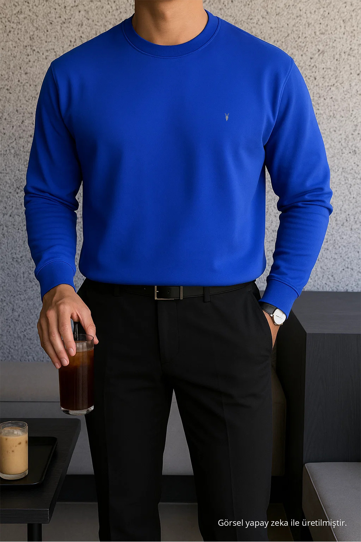Erkek Kışlık Salaş Basic MAVİ Sweatshirt 3