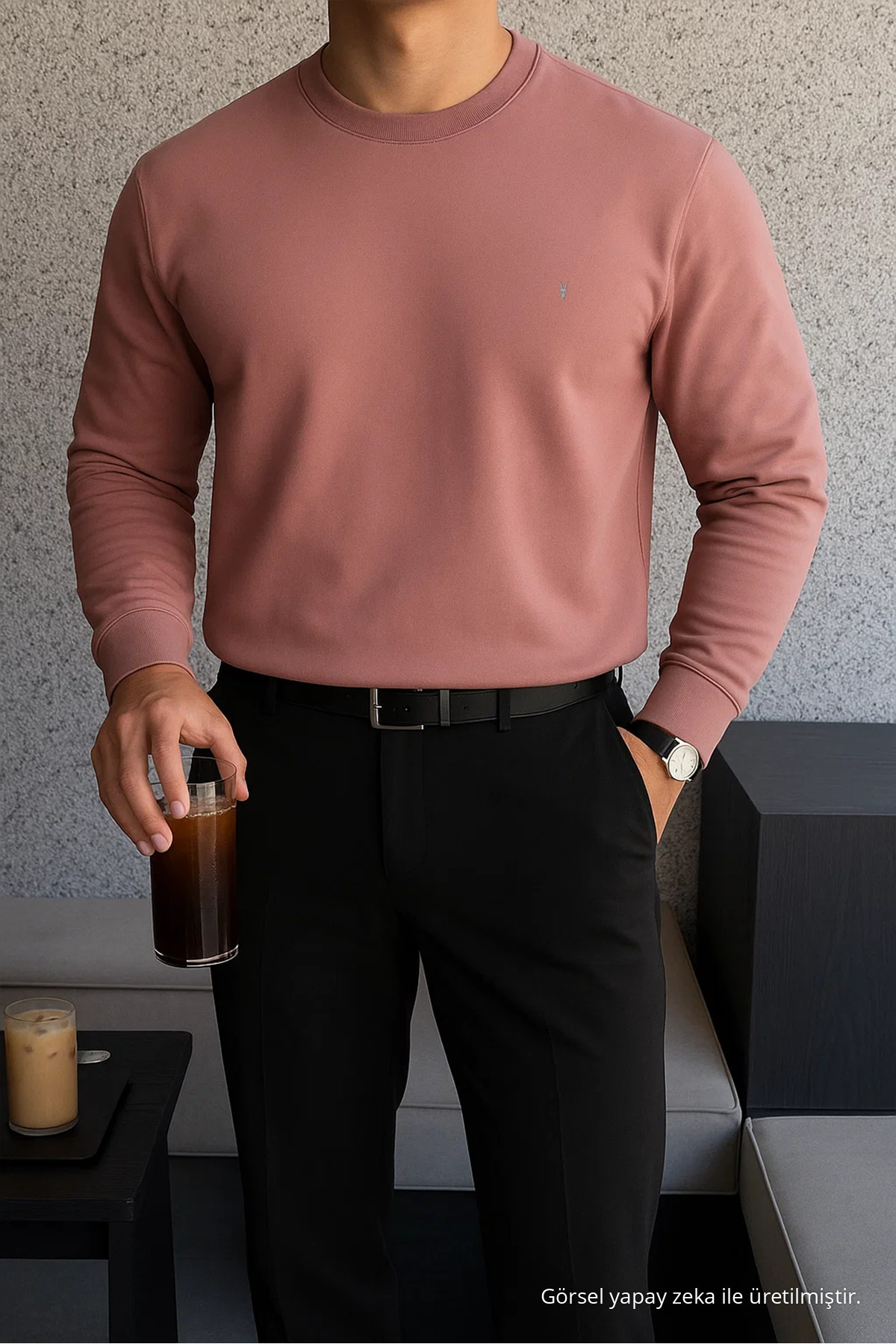 Erkek Kışlık Salaş Basic Pudra Sweatshirt 3
