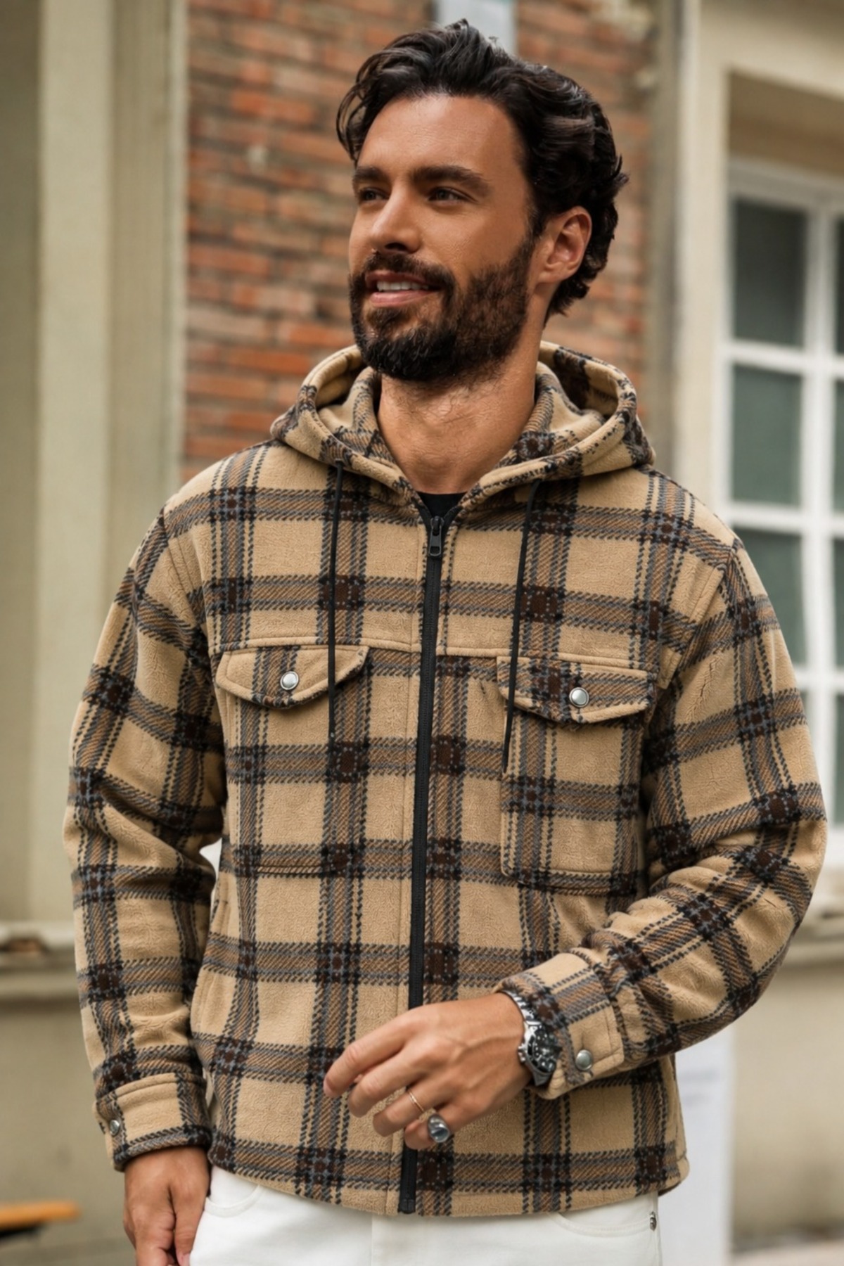 Erkek Oversize Kareli Oduncu Camel Gömlek 6