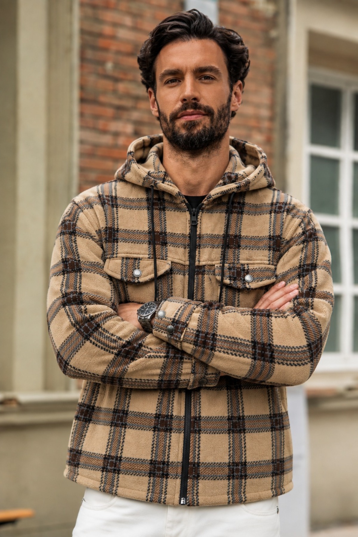 Erkek Oversize Kareli Oduncu Camel Gömlek 4