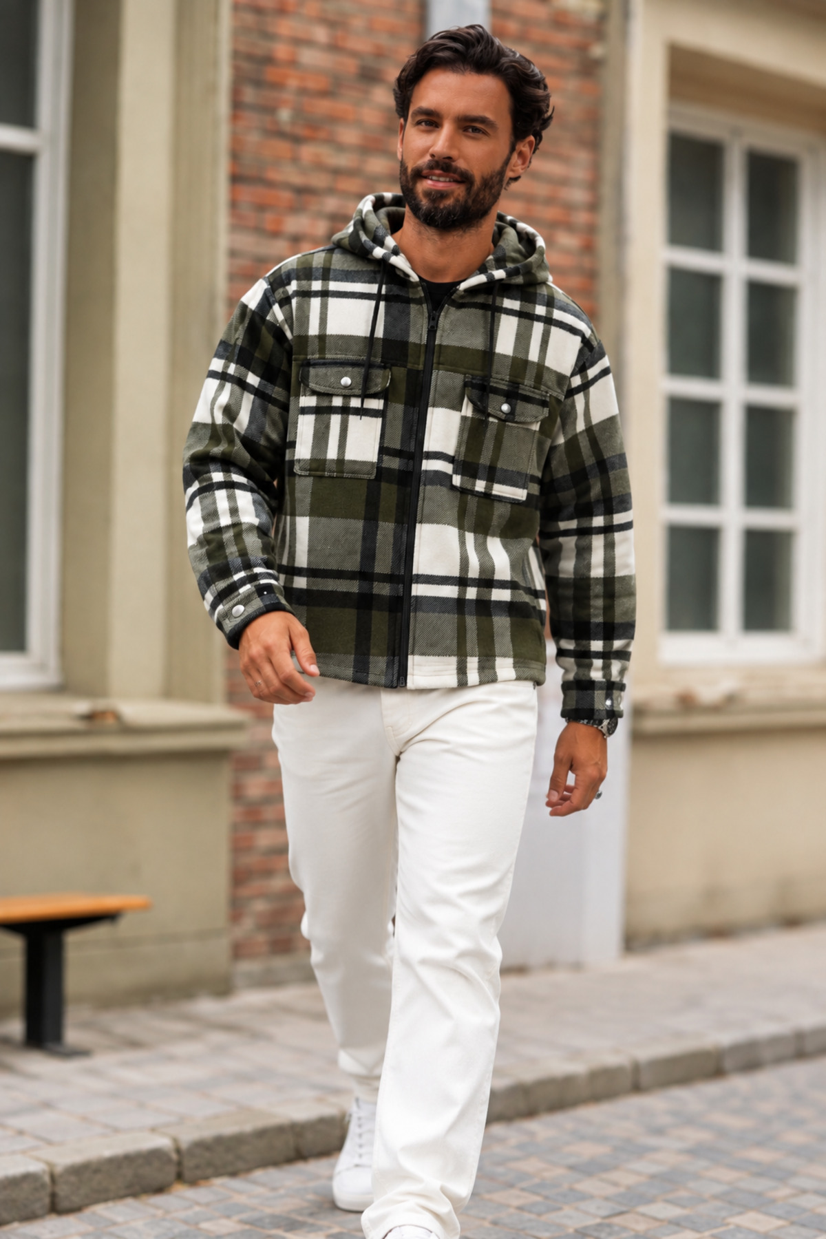 Erkek Oversize Kareli Oduncu Haki Gömlek 3