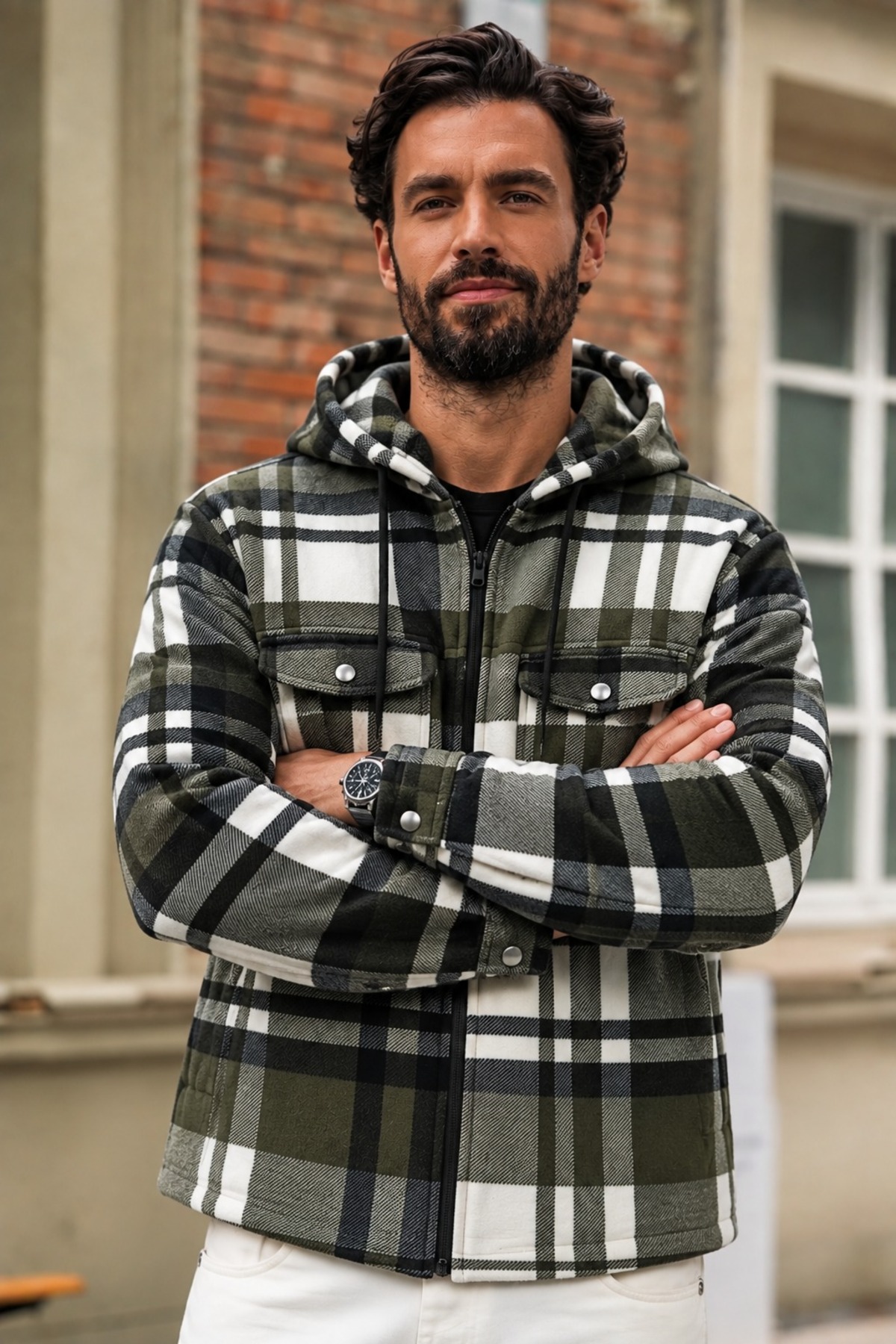 Erkek Oversize Kareli Oduncu Haki Gömlek 5