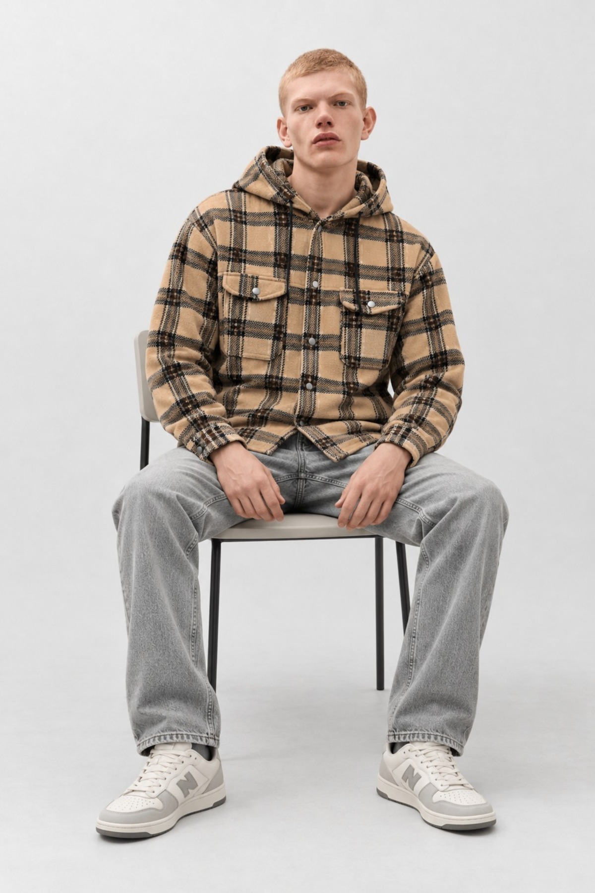 Erkek Ekose Kapüşonlu Casual Cepli Camel Oduncu Ceket 4