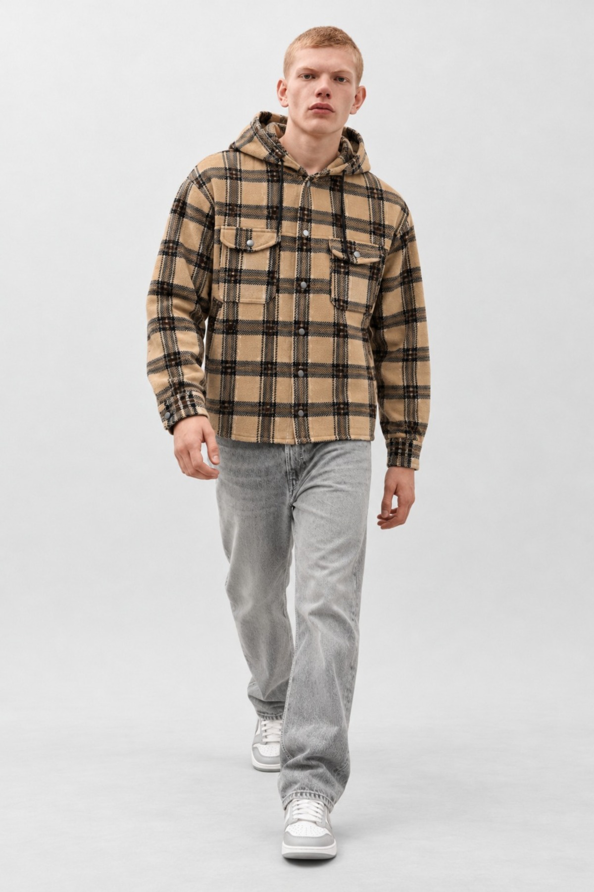 Erkek Ekose Kapüşonlu Casual Cepli Camel Oduncu Ceket 6