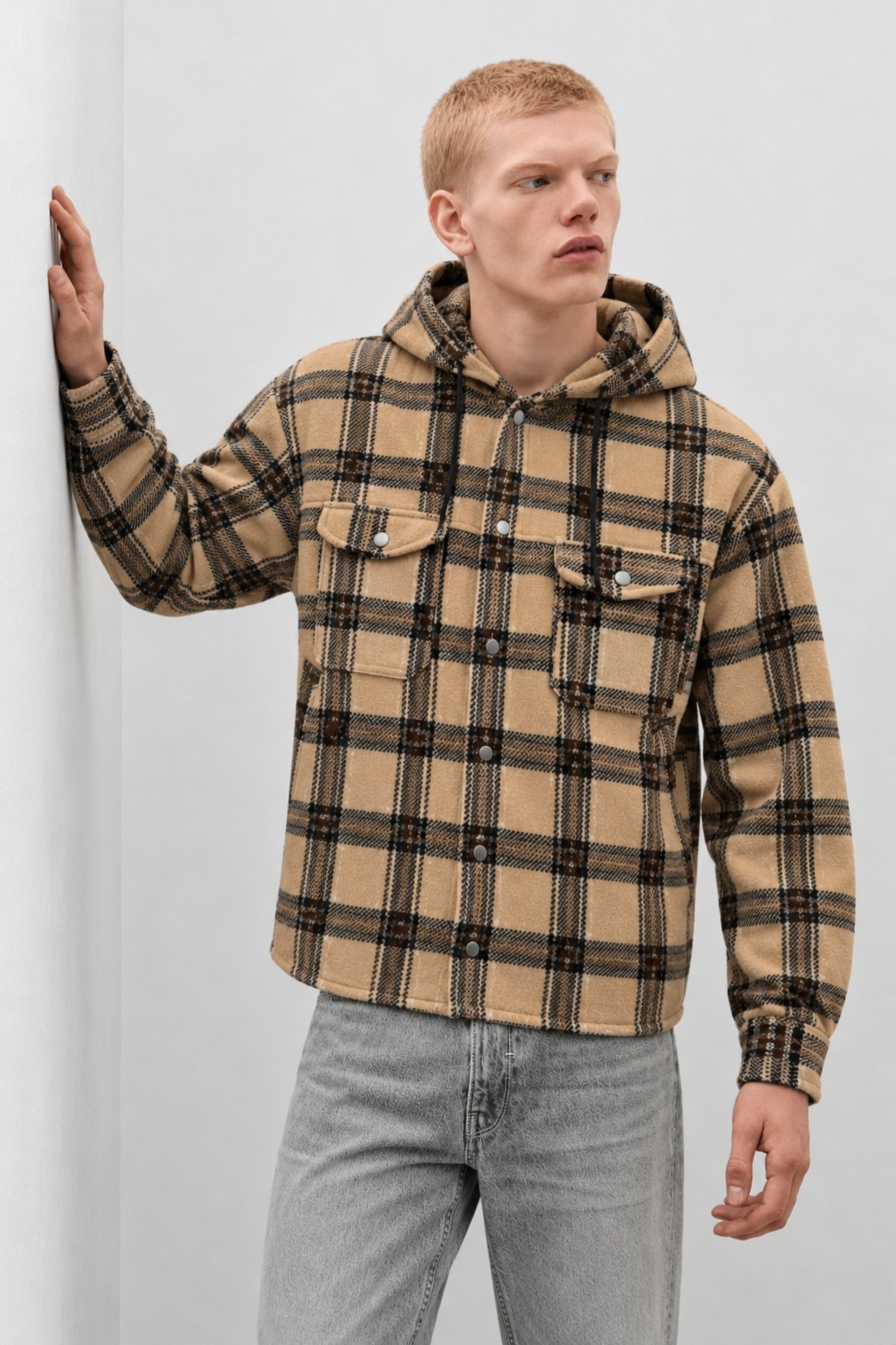 Erkek Ekose Kapüşonlu Casual Cepli Camel Oduncu Ceket 3