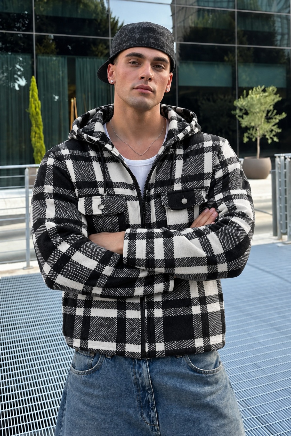 Erkek Ekose Kapüşonlu Casual Fermuarlı Antrasit Oduncu Ceket 5
