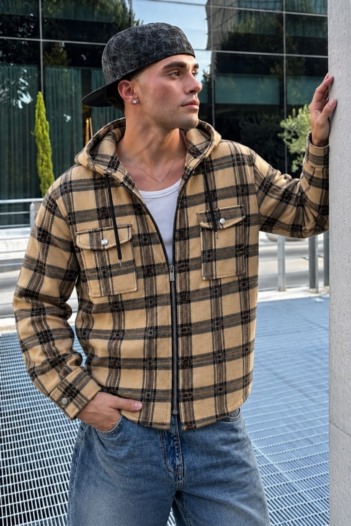 Erkek Ekose Kapüşonlu Casual Fermuarlı Camel Oduncu Ceket 3