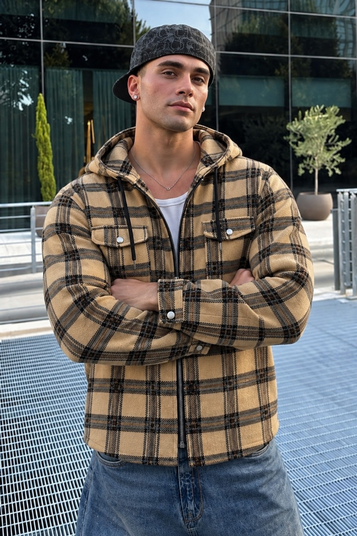 Erkek Ekose Kapüşonlu Casual Fermuarlı Camel Oduncu Ceket 5