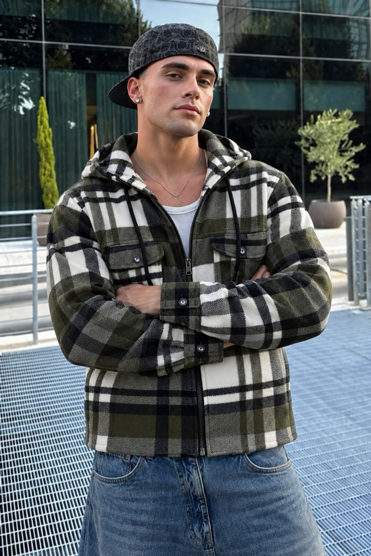Erkek Ekose Kapüşonlu Casual Fermuarlı Haki Oduncu Ceket 5