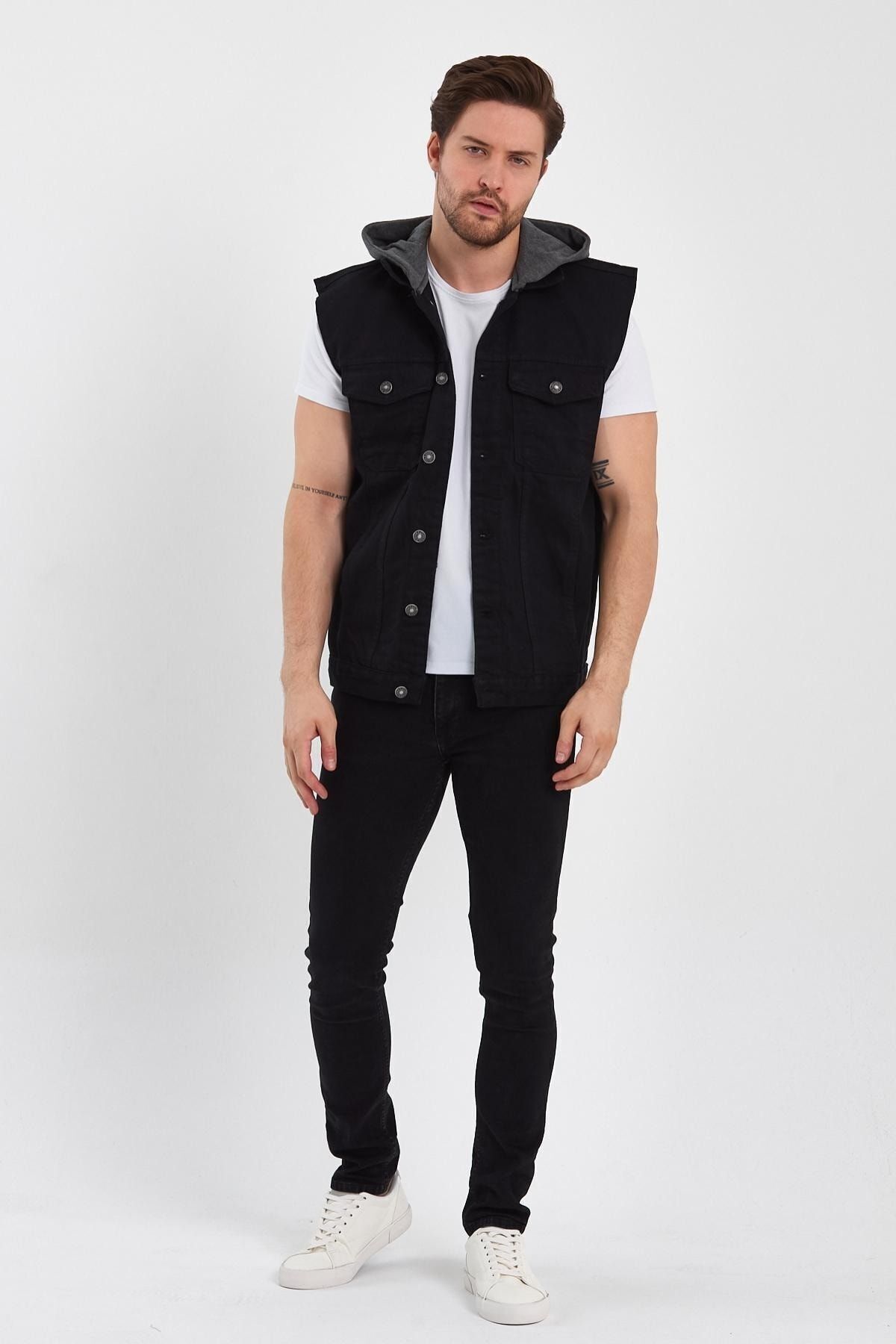 Rahat Kalıp Yazı Baskılı Kapüşonlu Kot Düğmeli Denim Yelek Siyah 3