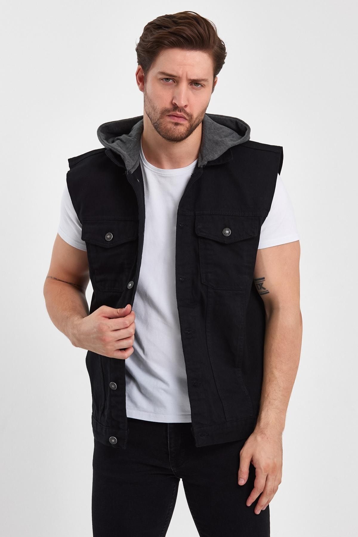 Rahat Kalıp Yazı Baskılı Kapüşonlu Kot Düğmeli Denim Yelek Siyah 4