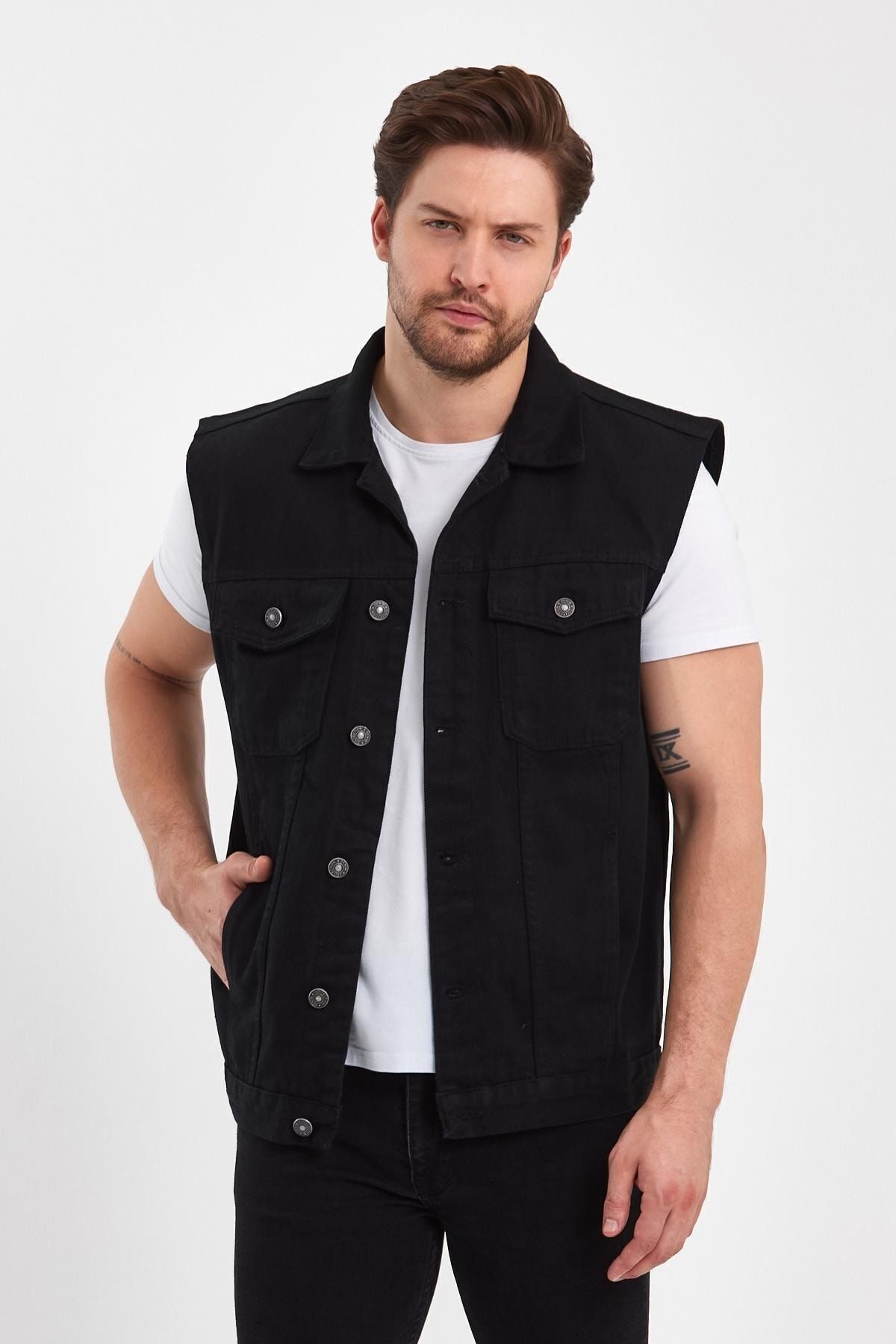 Rahat Kalıp Yazı Baskılı Kot Düğmeli Denim Yelek Siyah 4