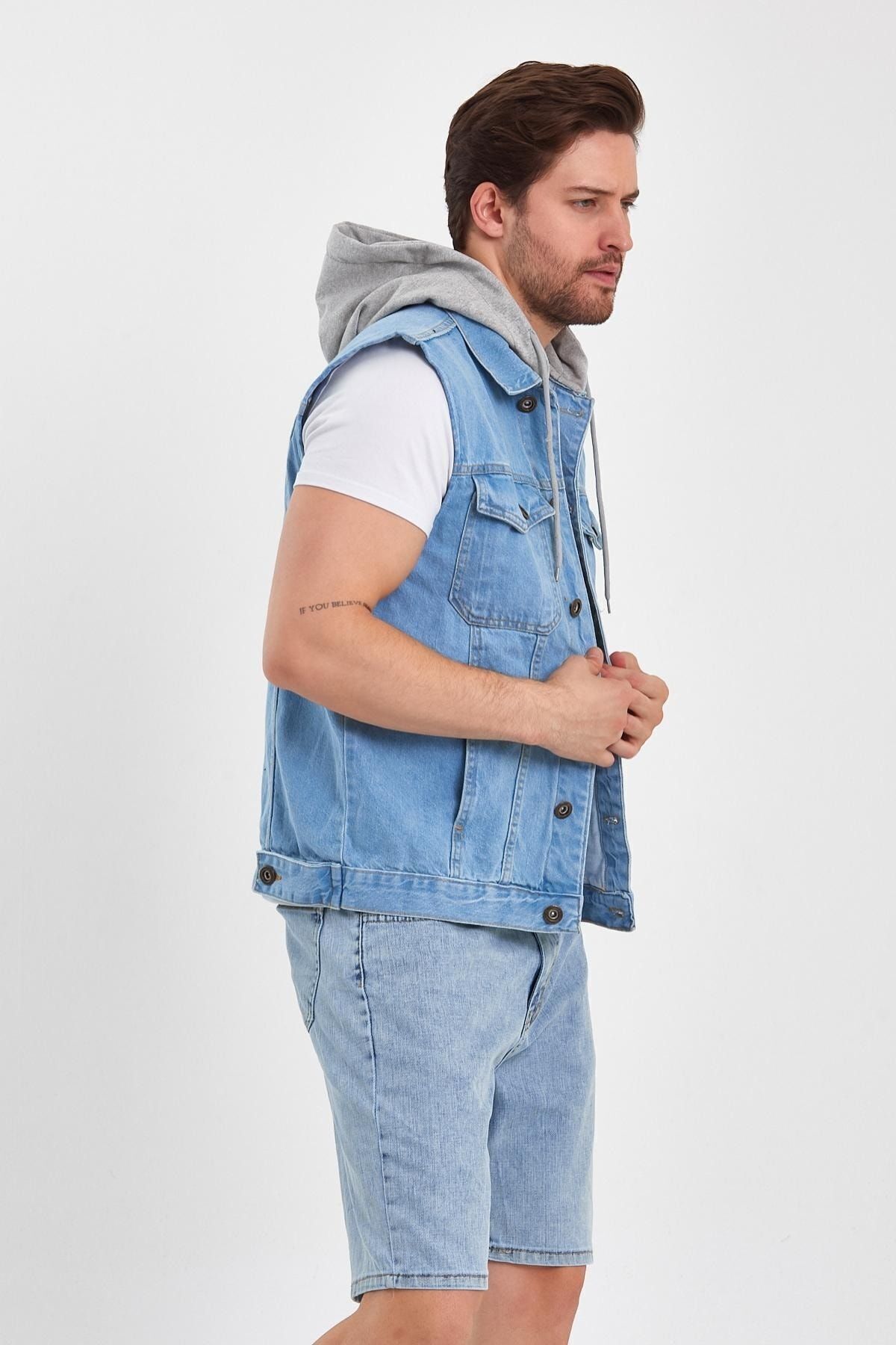 Rahat Kalıp Denim Kapüşonlu Kot Yelek Buz Mavi 3